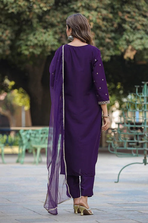 Elegant Purple Silk Blend Ethnic Motif Straight Suit Set for Women - Perfect for Weddings, Parties & Formal Occasions