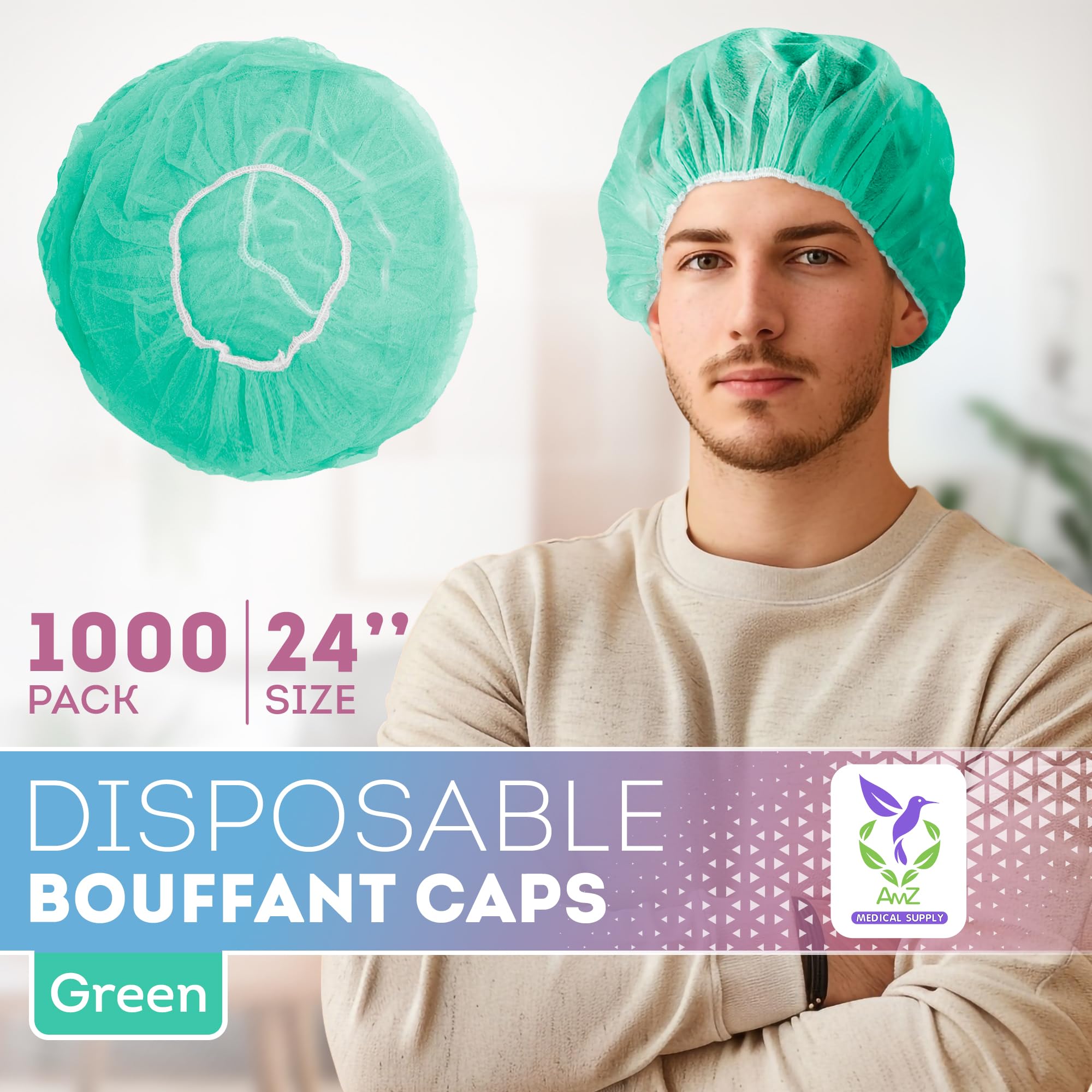 AMZ Medical Supply Green Disposable Bouffant Caps - 24 Inch, Pack of 1000 | Breathable Polypropylene Hair Covers for Nurses & Food Service Workers | Elastic Band Medical Caps for Hospitals, Restaurants & Healthcare Facilities