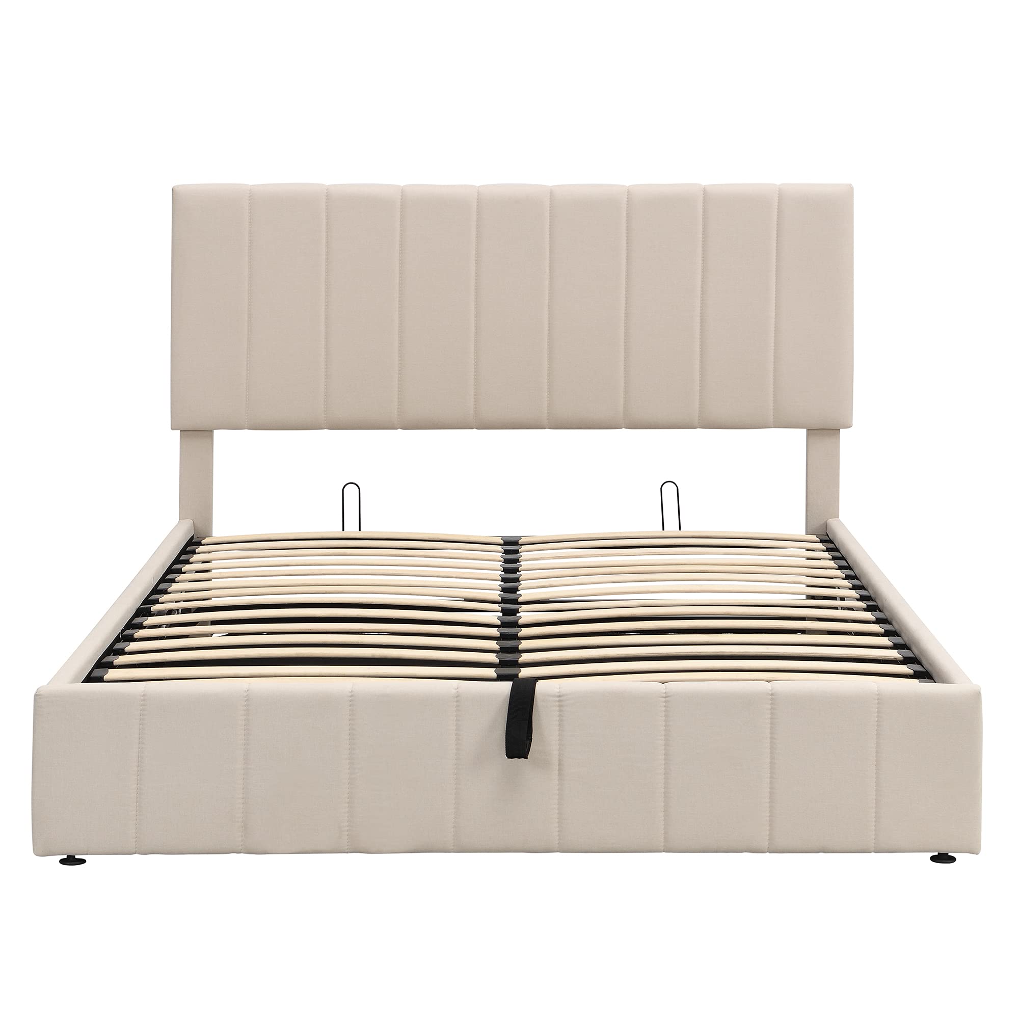 Queen Upholstered Platform Bed with Gas Lift Hydraulic Storage System - Wooden Bed Frame with Headboard, Underbed Storage | Perfect for Small Bedrooms, Guest Rooms & Space-Saving Home Decor (Beige)