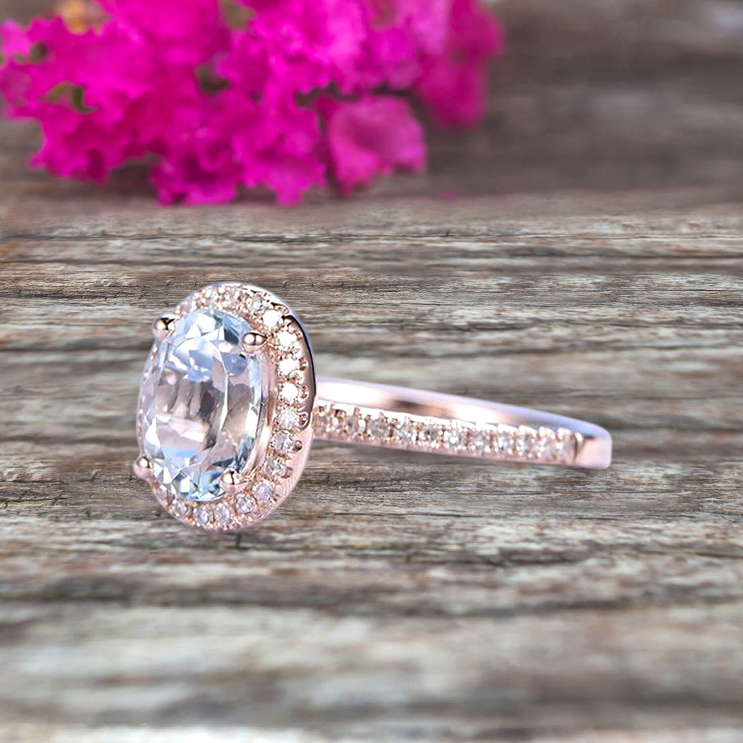 1.50 Carat Oval Cut Aquamarine Halo Engagement Ring in 10k Rose Gold - Perfect for Proposals, Anniversaries & Bridal Jewelry Gifts