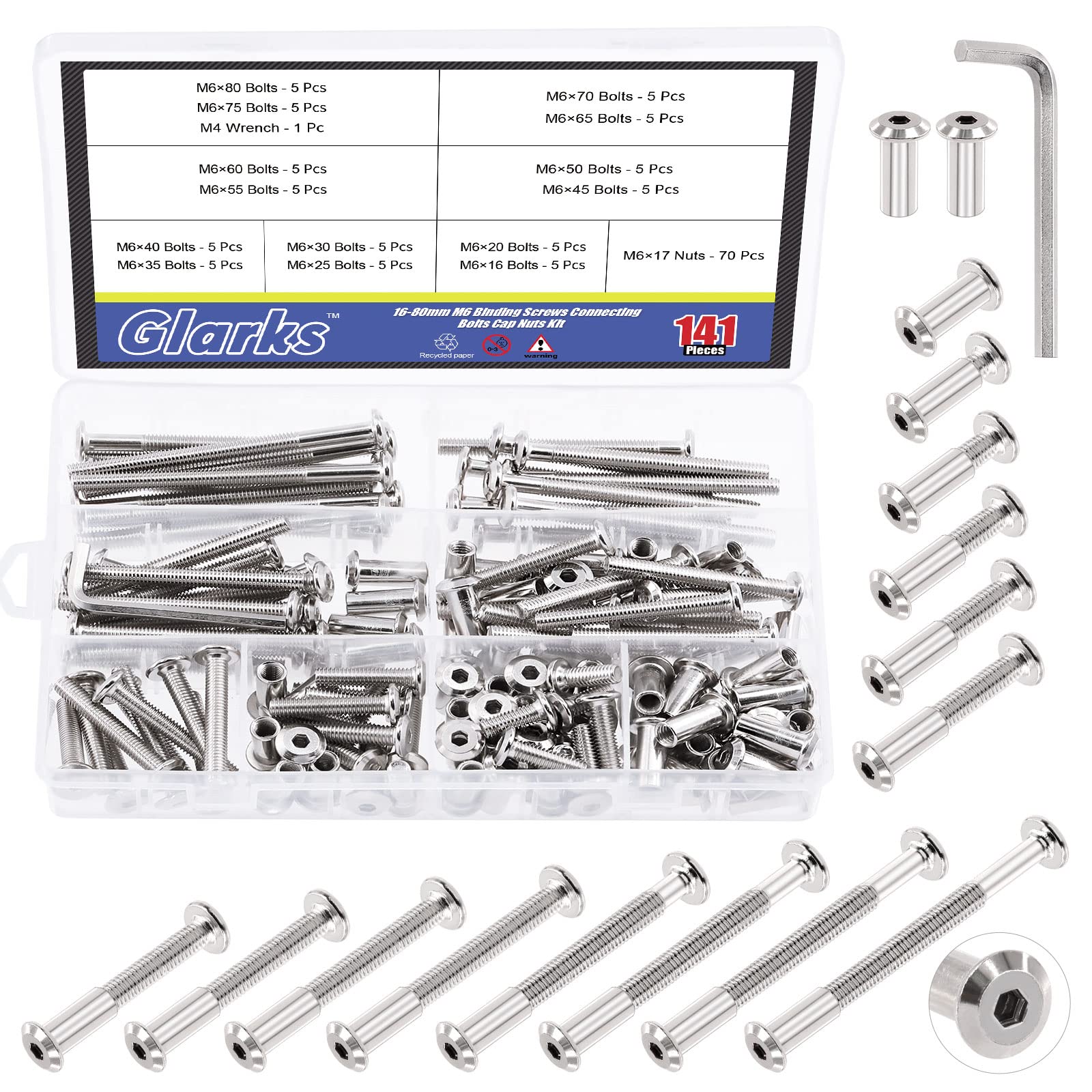 Glarks 141Pcs M6 Hex Bolt Kit - 14 Sizes Nickel-Plated Screws for Furniture & Crib Repair