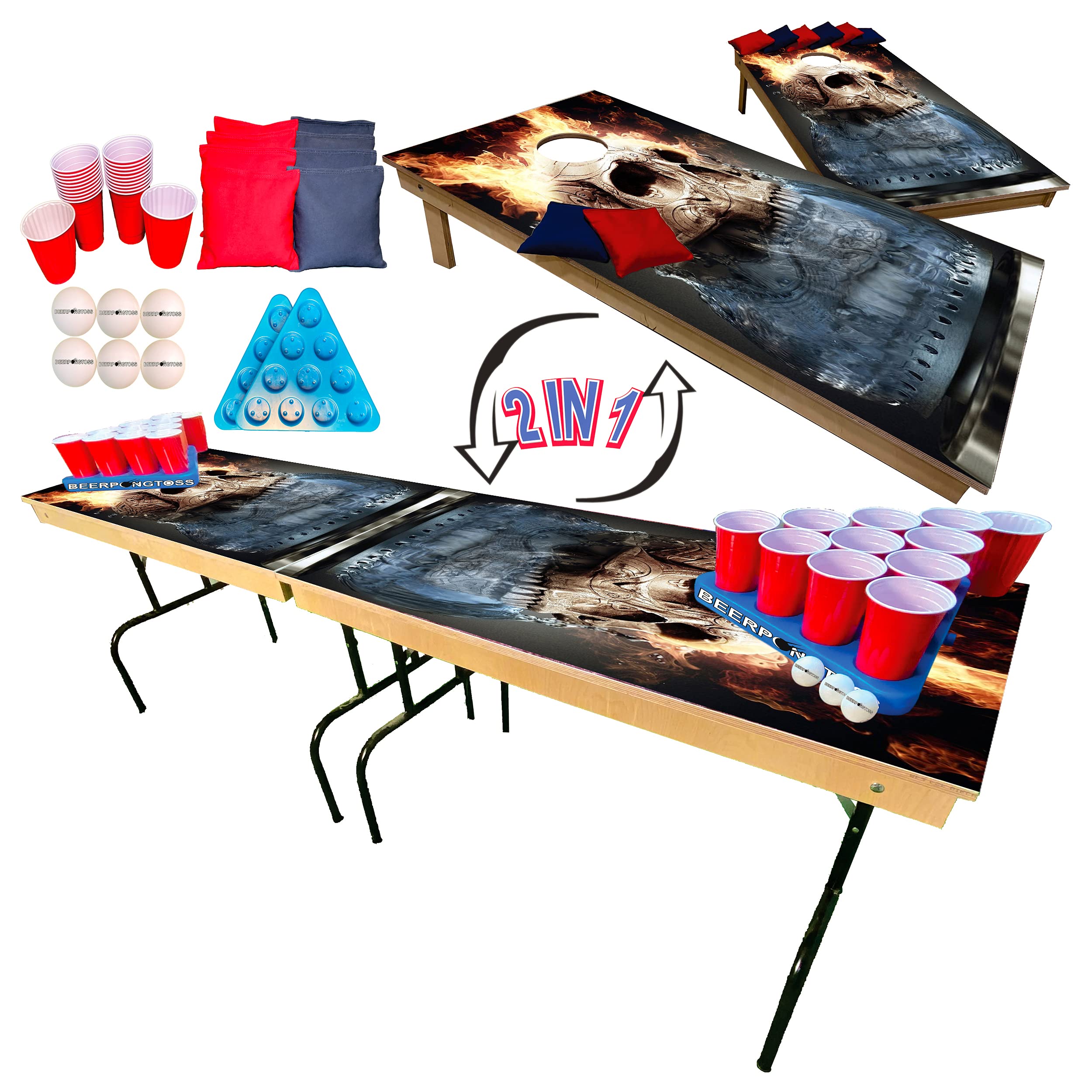2-in-1 Cornhole & Tailgate Pong Table Set - Skull Design Portable Game for College Parties, Tailgating & Backyard Fun - Includes 8ft Table, 2 Cornhole Boards (4x2ft), 8 Bags, 22 Cups, 6 Balls & 2 Racks - Perfect for Outdoor Games, BBQs & Social Gatherings