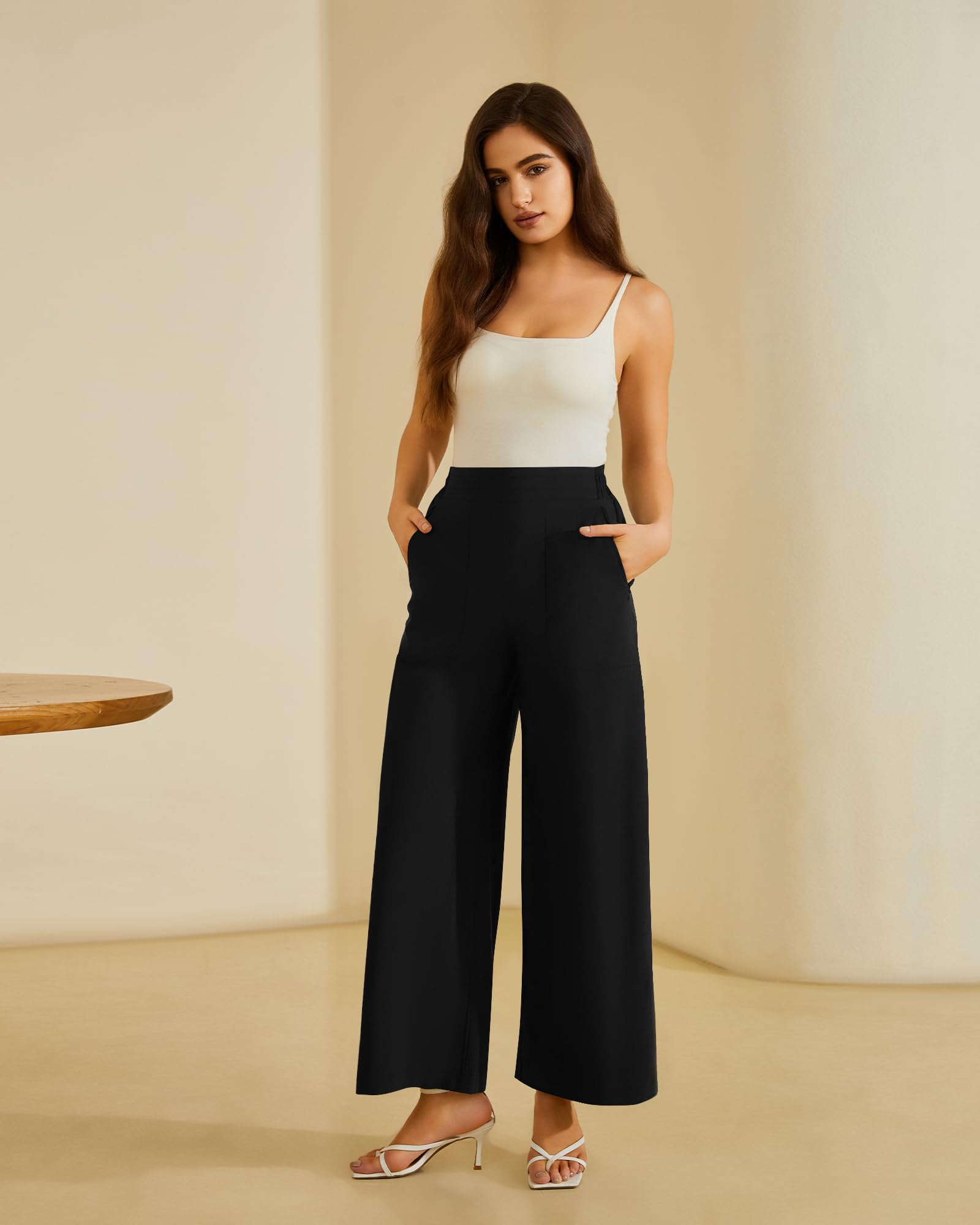 FireSwan Women's Wide Leg Palazzo Pants - High Elastic Waist Work Pants with Zipper Pockets - Comfortable Office & Business Casual Trousers for Professional Women