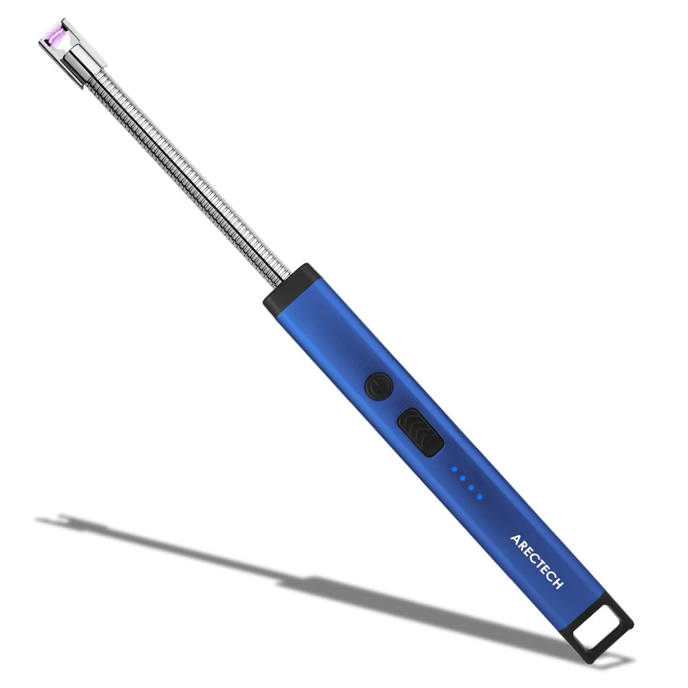 ARECTECH USB Rechargeable Electric Arc Lighter - Windproof Flameless Lighter for Candles, Camping, Fireworks, BBQ & Outdoor Use - Perfect Christmas Birthday Gift for Men & Women (Blue with LED Light) - Ideal for Home, Travel, Emergency Kits & Romantic Settings