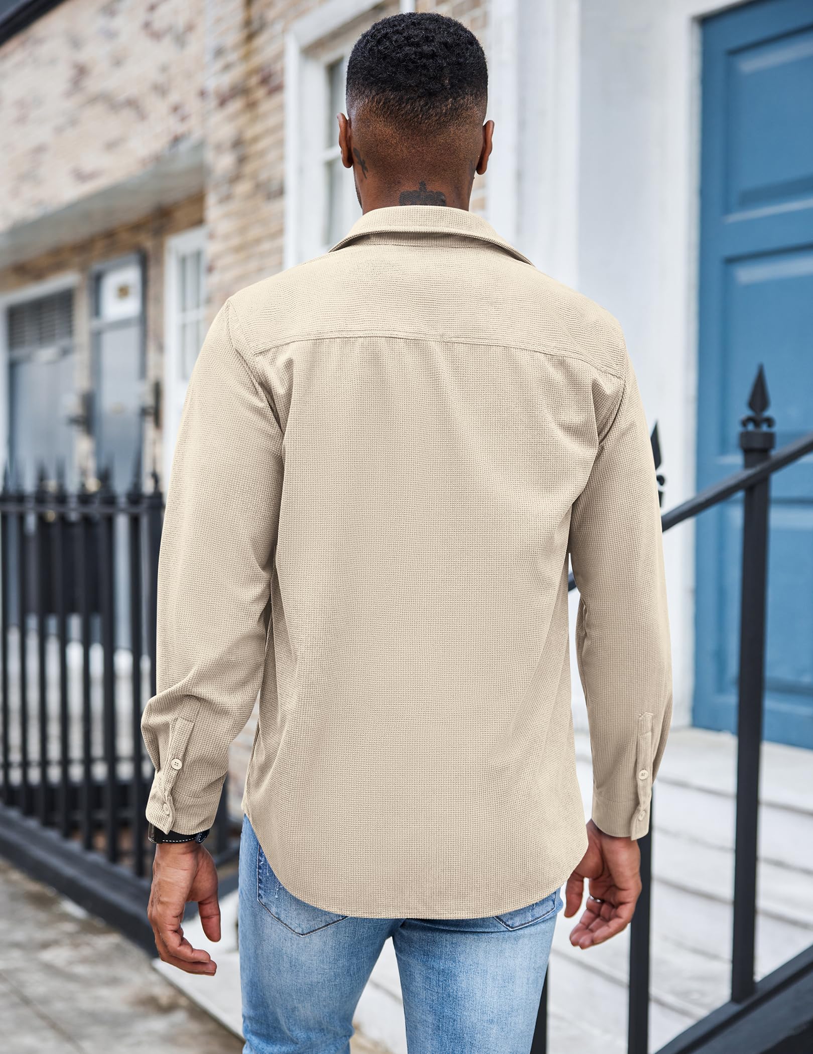 COOFANDY Men's Waffle Knit Button Down Shirt - Casual Long Sleeve Shacket Jacket with Pockets | Fall Winter Layering Essential for Outdoor Activities & Date Nights