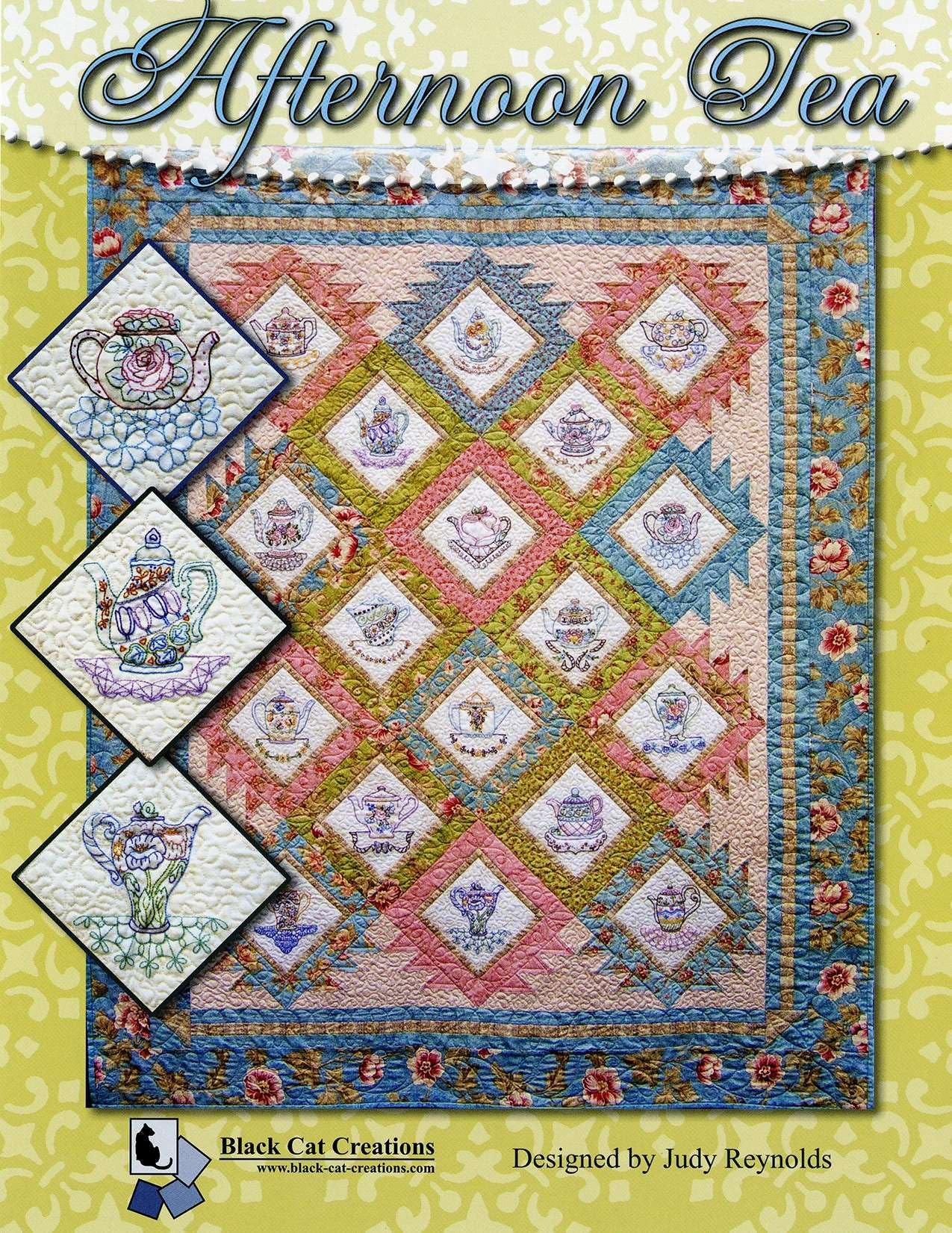 Judy Reynolds Afternoon Tea Embroidery Quilt Pattern - 58x72 Inch Floral Tea Party Bedspread by Black Cat Creations | Perfect for Vintage Home Decor, Bridal Shower Gifts & Cozy Bedroom Accents