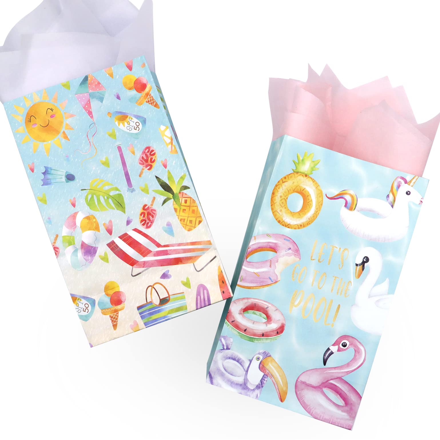 24 PCS Waterproof Pool Party Favor Bags with Fun Stickers - Candy & Goodie Gift Treat Bags for Kids - Perfect for Summer Pool Parties, Birthday Celebrations & Beach Themed Events