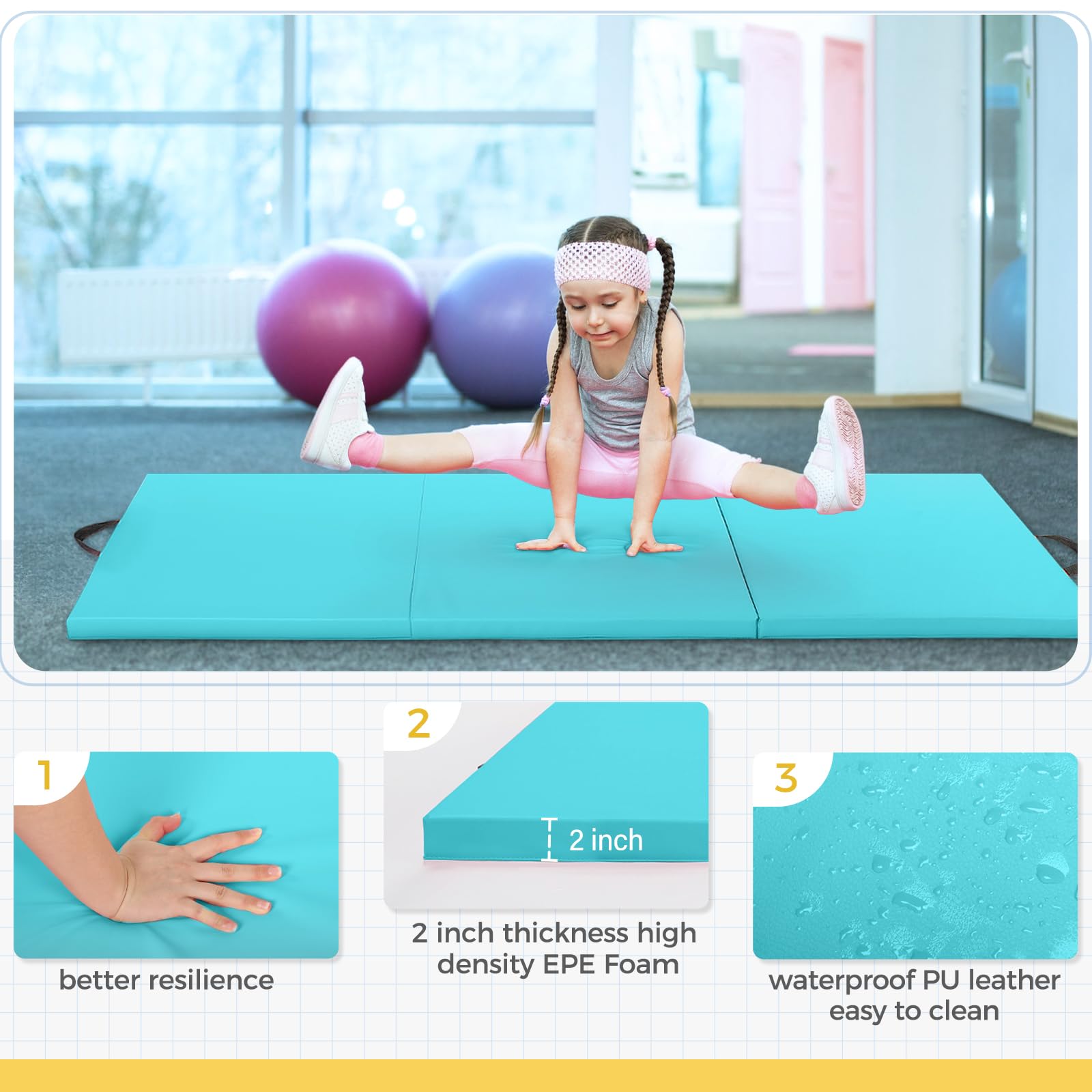Outroad 6/8/10 Feet Foldable Gymnastics Mat - PU Leather Tumbling Exercise Mat with Hook & Loop Fastener for Yoga, Stretching, Cheerleading & Martial Arts | Home Gym, Fitness & Aerobics Workout Mat for Adults & Kids