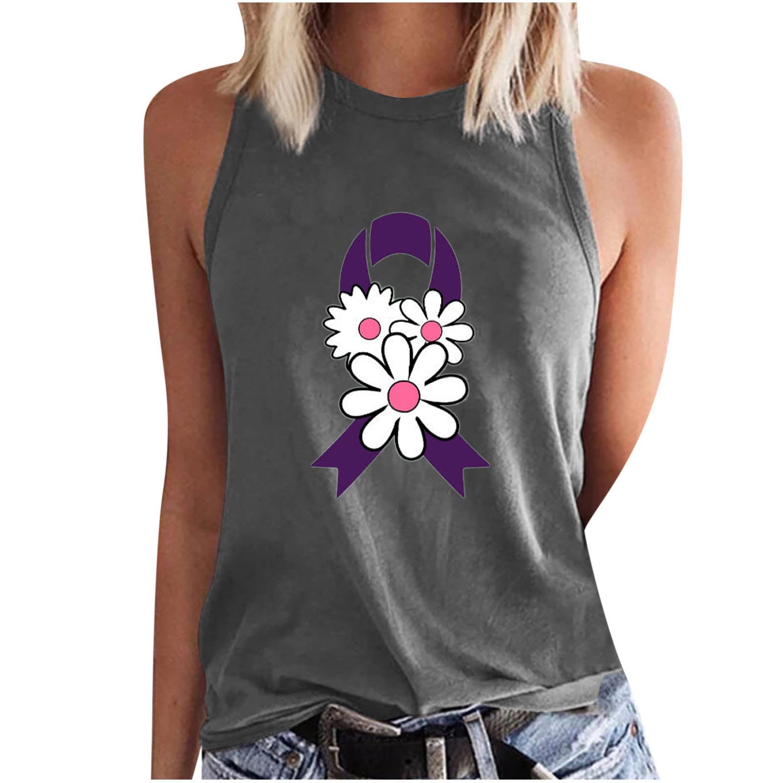 ESCBUKI Women's Sunflower Ribbon Breast Cancer Awareness Sleeveless T-Shirt - Loose Fit Casual Summer Tank Top for Outings, Walks & Charity Events