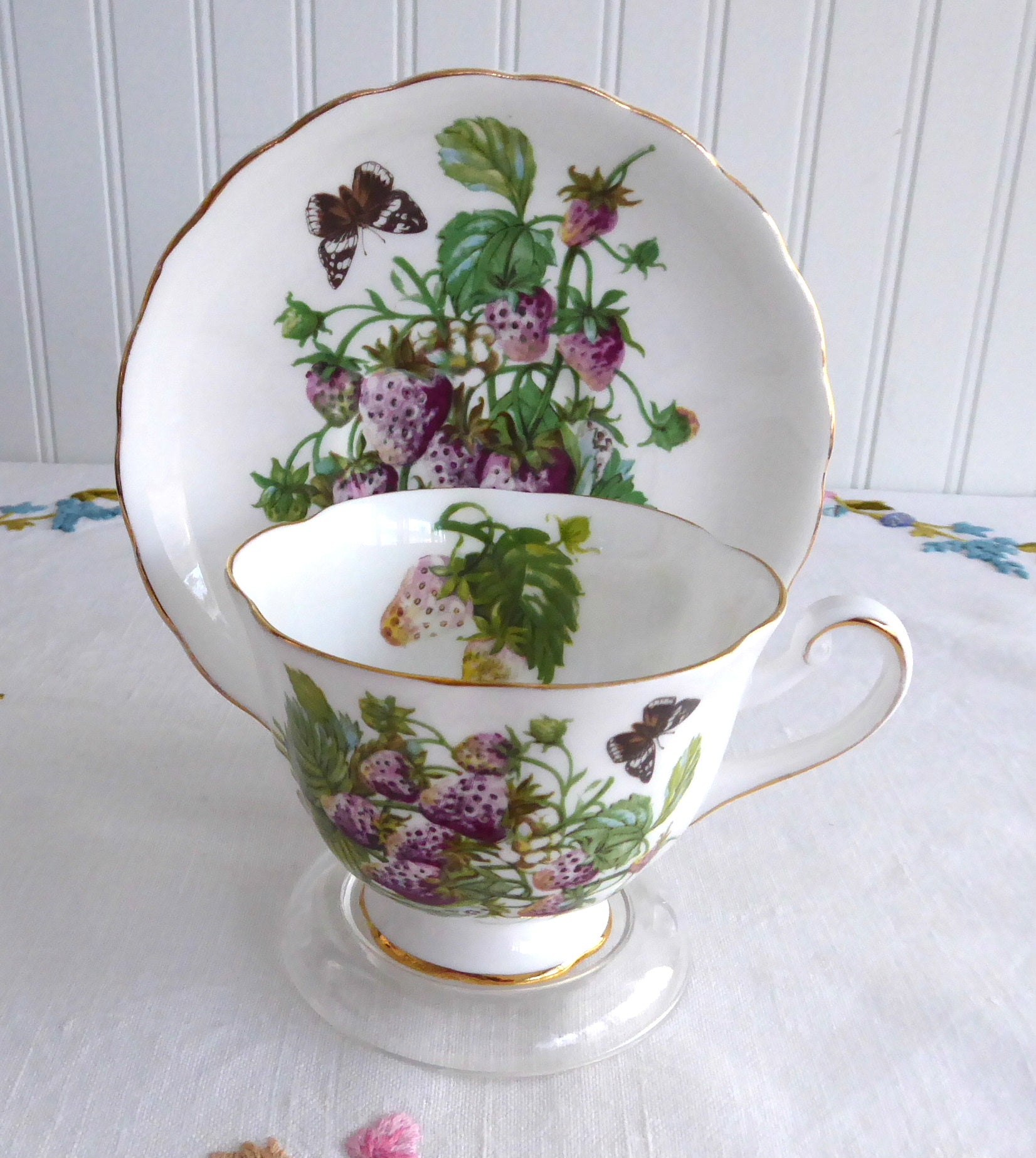 Vintage Royal Chelsea Fruit Cup and Saucer Set - England 1960s Floral Design with Pears, Strawberries & Butterflies - Perfect for Afternoon Tea, Collectible Fine China Display