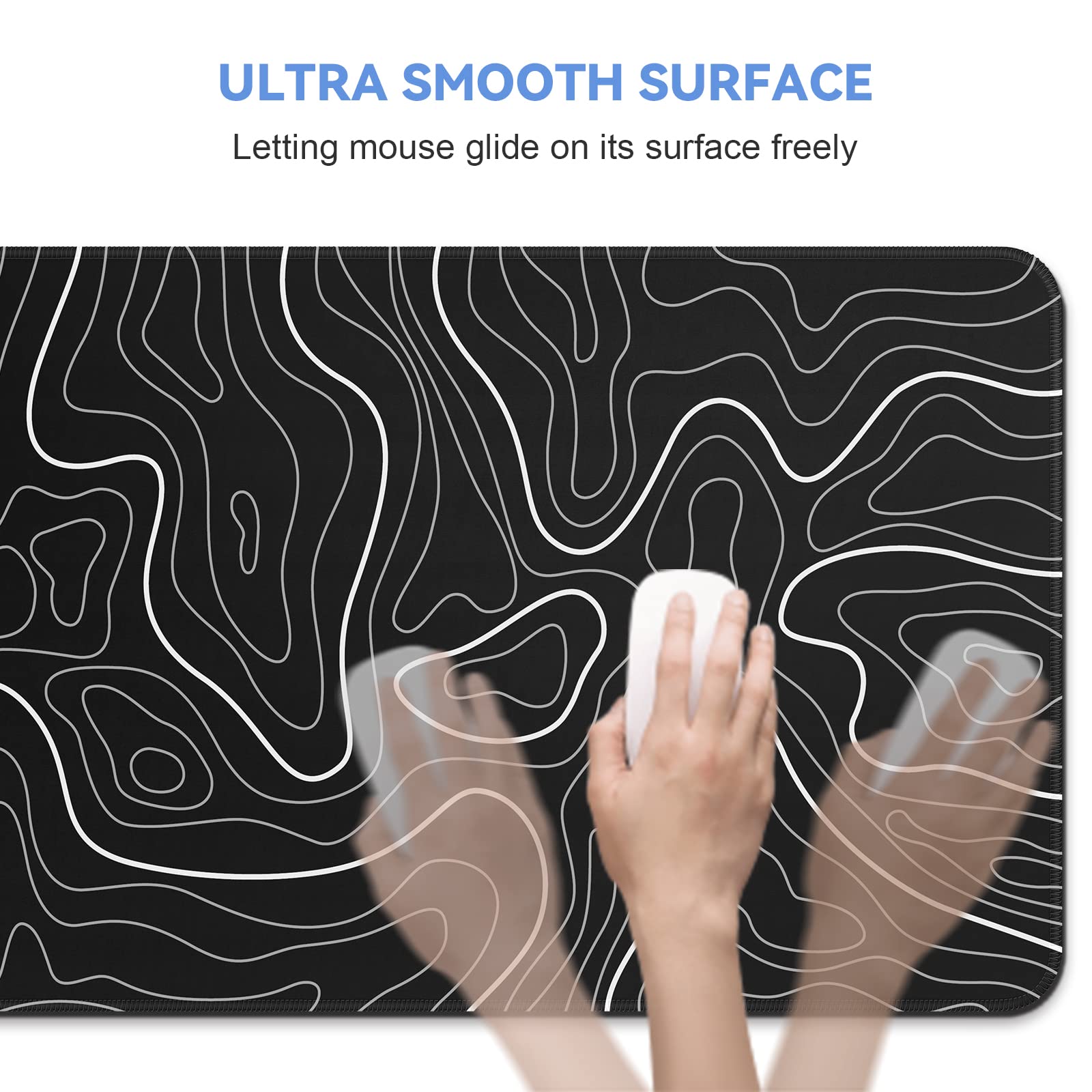 Large Gaming Mouse Pad 31.5 x 11.8 Inches - Non-Slip Rubber Base Extended Keyboard & Mouse Mat for PC, Laptop, Home & Office (Black with White Topographic Design) - Perfect for Gamers, Programmers & Office Workers