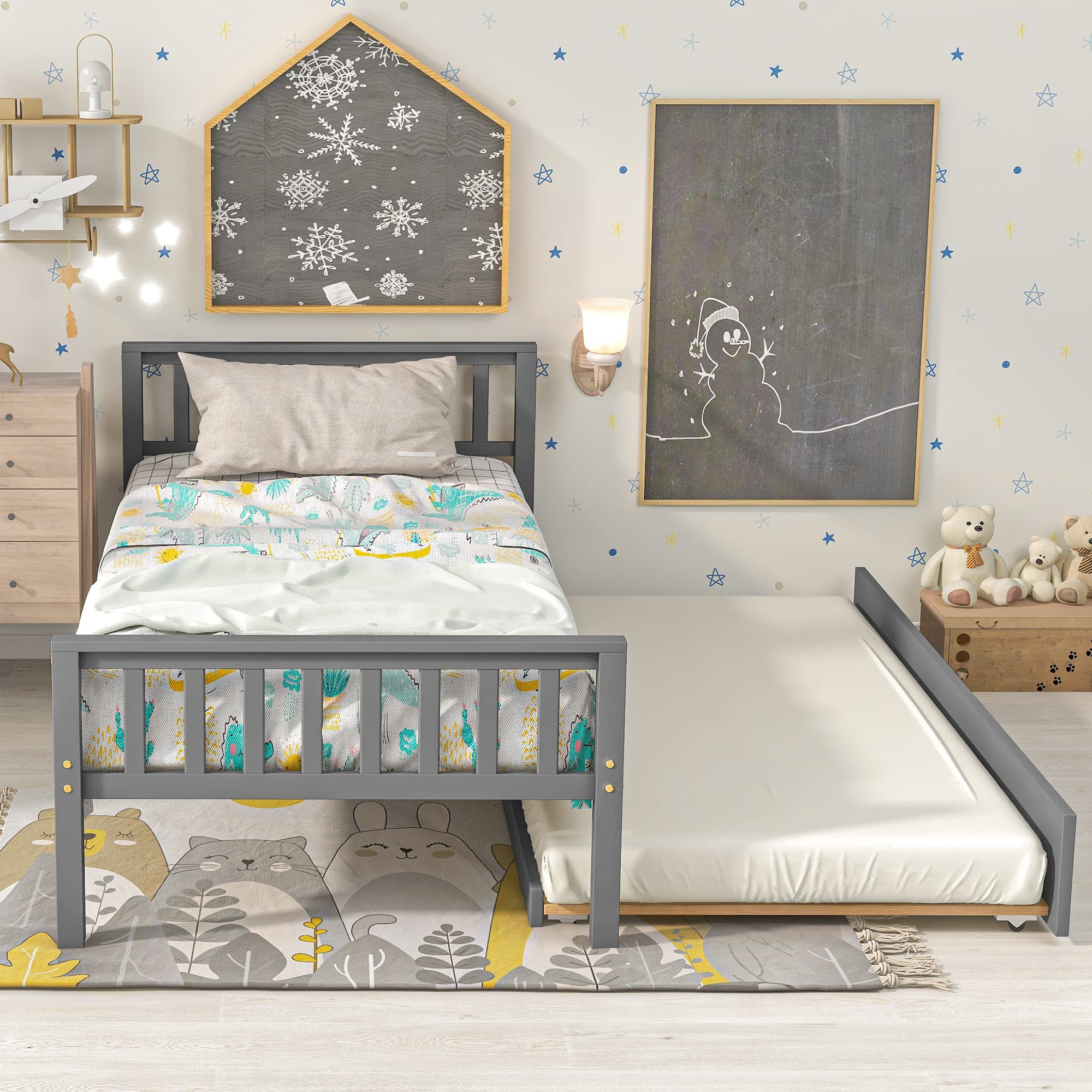 **KINFFICT Twin Platform Bed Frame with Trundle - Solid Pine Wood Daybed with Headboard & Footboard - Sturdy 10-Slat Support, No Box Spring Needed - Perfect for Kids' Room, Guest Bed, or Small Spaces (Gray)**