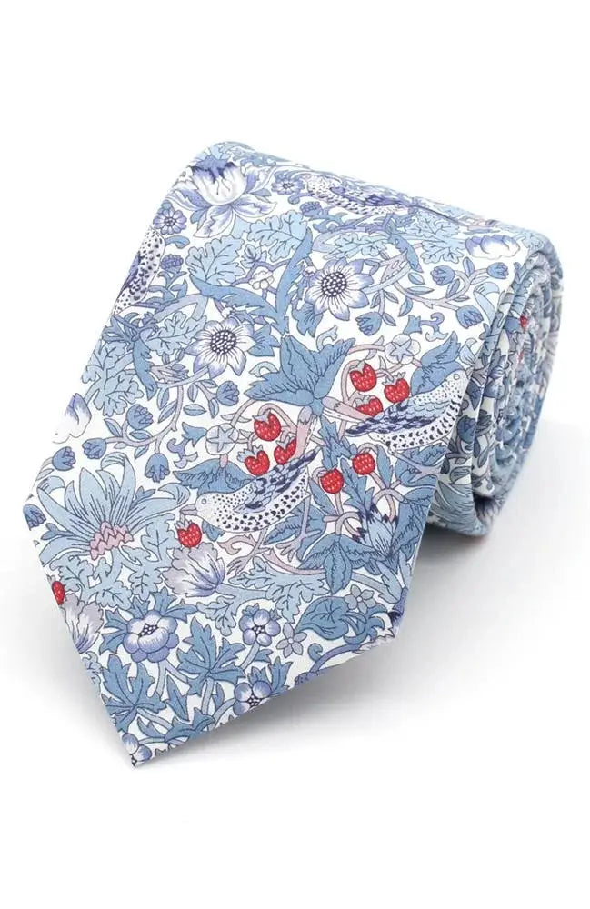 LA Smith Strawberry Thief Spring Blue Men's Necktie - Premium Liberty Fabric Tie for Business, Weddings & Formal Occasions