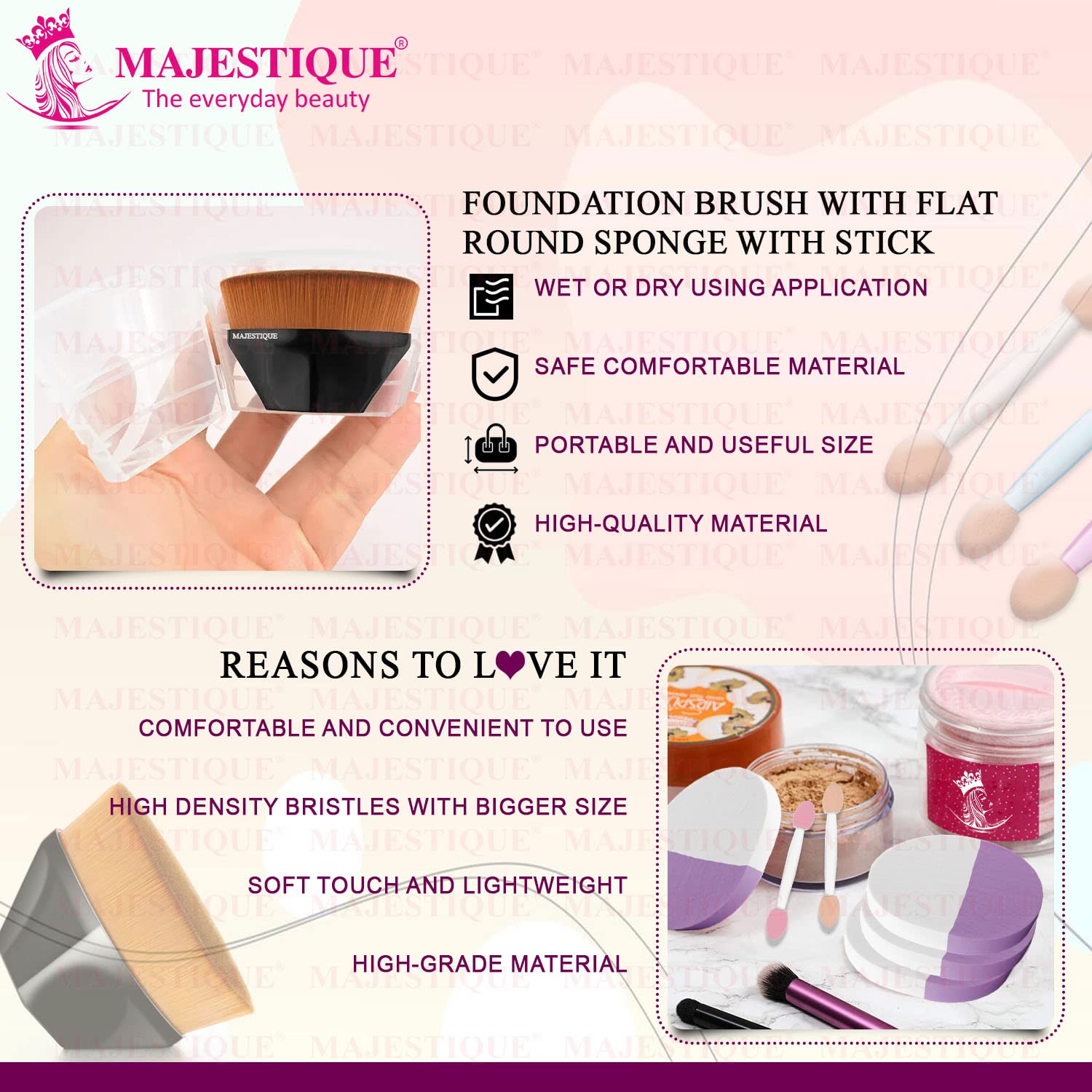 Majestique Premium Magic Foundation Brush & Makeup Sponge Set - Professional Blending Sponge for Liquid, Powder & Cream Makeup - Soft Kabuki Brush for Flawless Foundation & Blush Application - Perfect for Women & Girls (Pack of 2) | Ideal for Daily Makeup Routine, Travel & Professional Makeup Kits