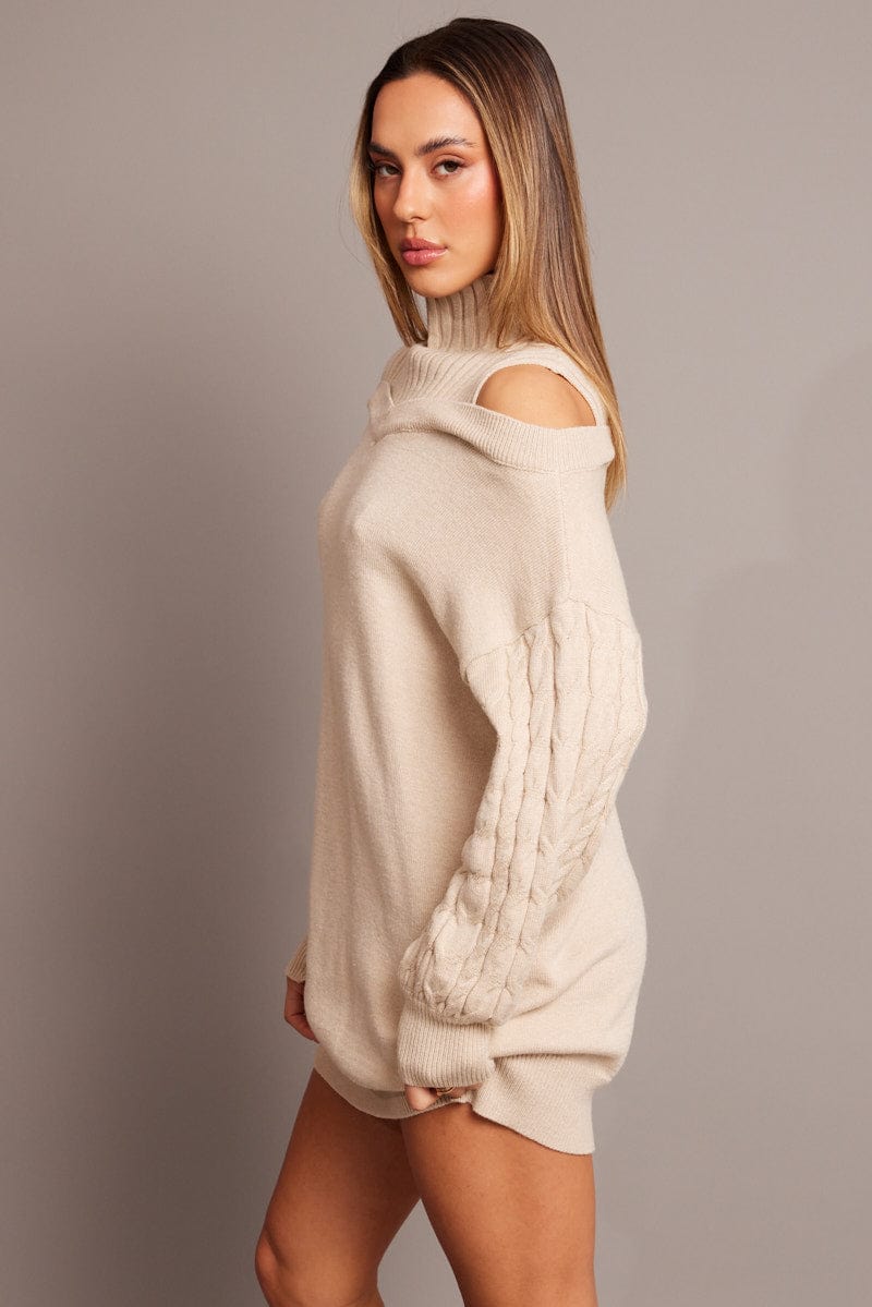 Beige Knit Sweater Dress - High Neck Mini Jumper for Women | Casual Chic Outfit for Fall & Winter | Perfect for Office, Date Night & Holiday Parties