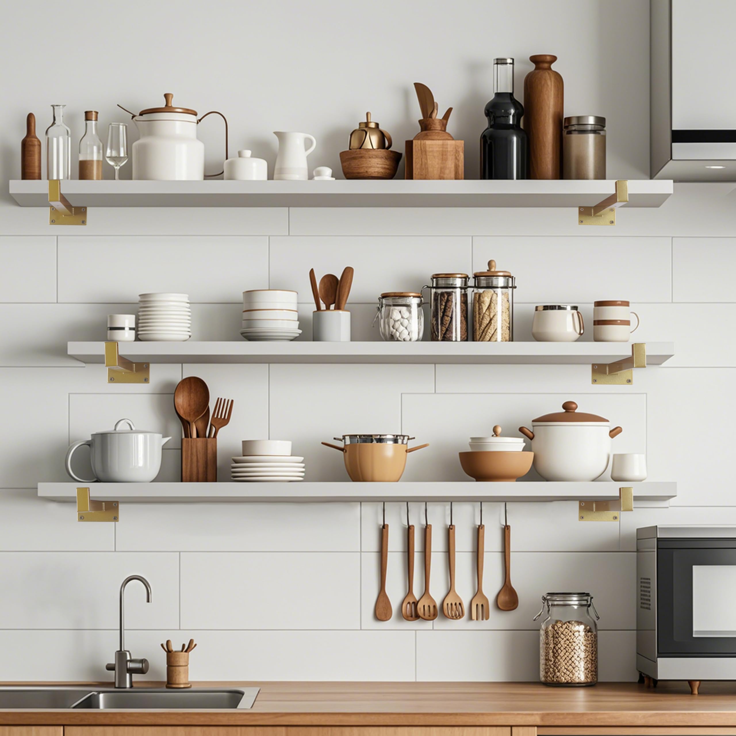 EZYDECOR 8 Inch Gold Shelf Brackets - Heavy Duty Metal Wall Mounted Shelf Supports with Lip for Industrial Shelving, Floating Shelves & Home Decor (6 Pack) - Perfect for Kitchen, Bathroom, Living Room & Office Organization