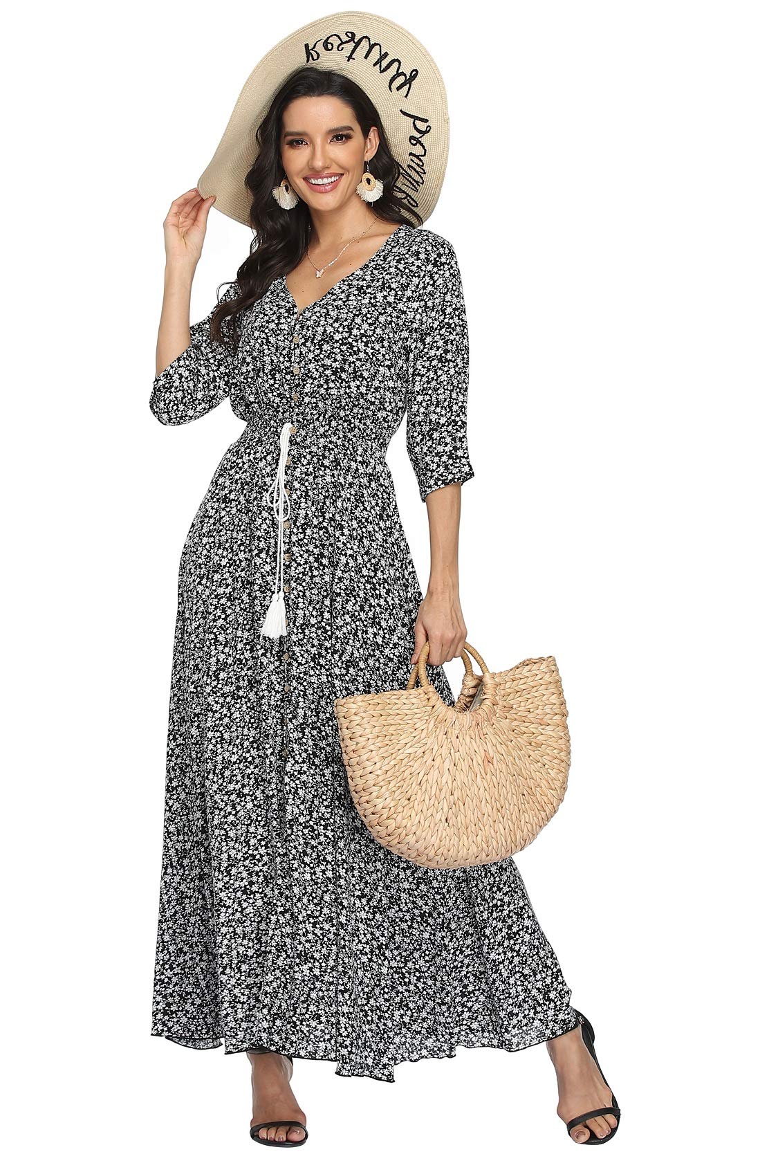 Vintage Floral Maxi Dresses for Women - Long Sleeve Bohemian Flowy Beach Dress - Perfect for Summer Vacations, Music Festivals & Boho Chic Outfits
