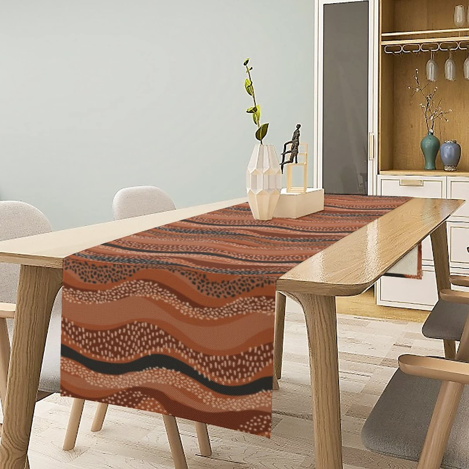 Boho Waves Table Runner - 72 Inch Natural Geometric Farmhouse Linen Tablecloth for Dining Room, Kitchen, Dresser | Holiday Party Decor, Wedding, Thanksgiving & Christmas Table Decoration