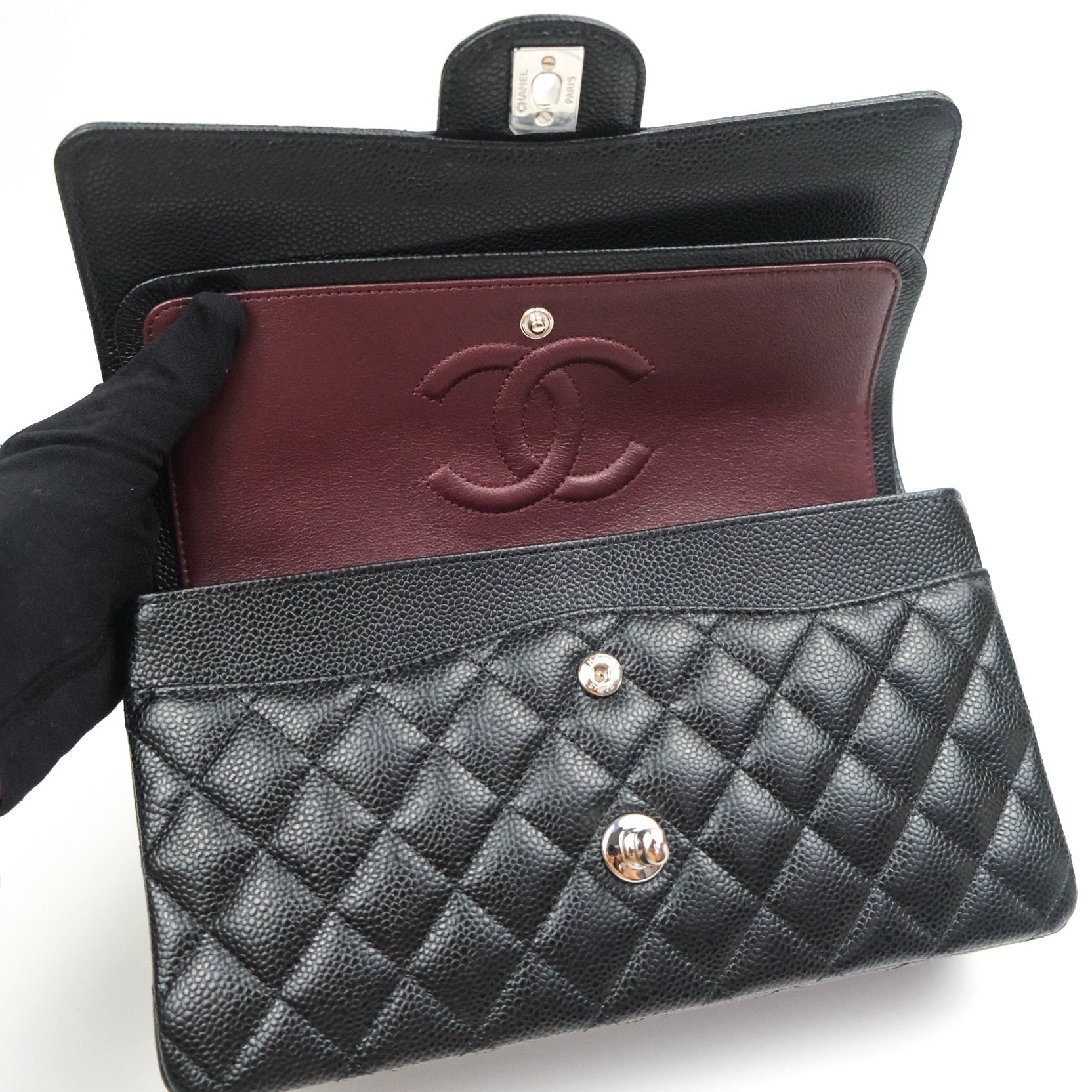 Chanel Classic M/L Medium Double Flap Bag Black Caviar Silver Hardware - Luxury Designer Handbag for Women, Perfect for Work, Evening Events & Special Occasions