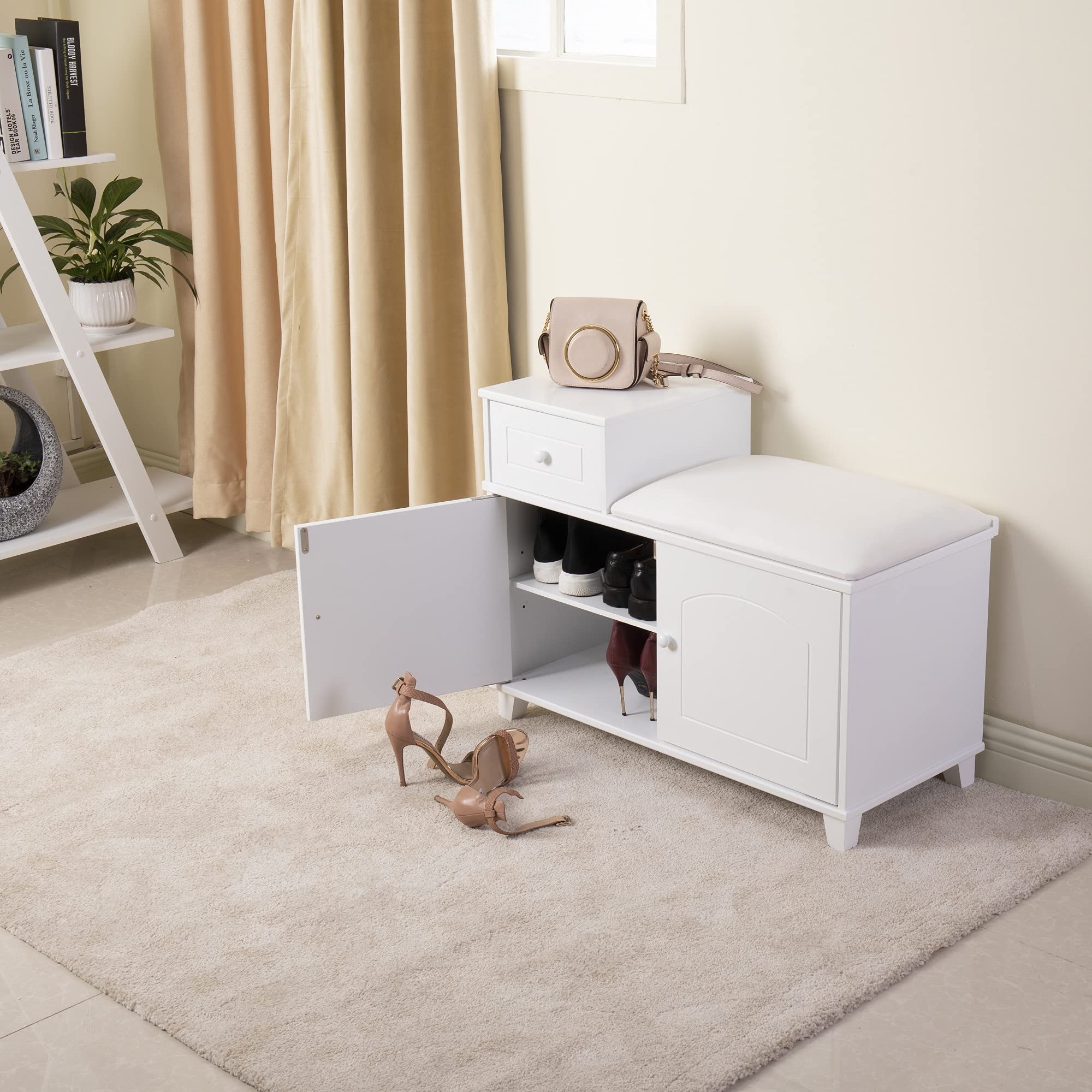 Wooden Entryway Bench with Storage - 2 Doors & Removable Drawer, Cushion Seat Shoe Cabinet Ottoman for Hallway, Living Room, Bedroom - Perfect for Organizing Shoes, Hats & Entryway Essentials