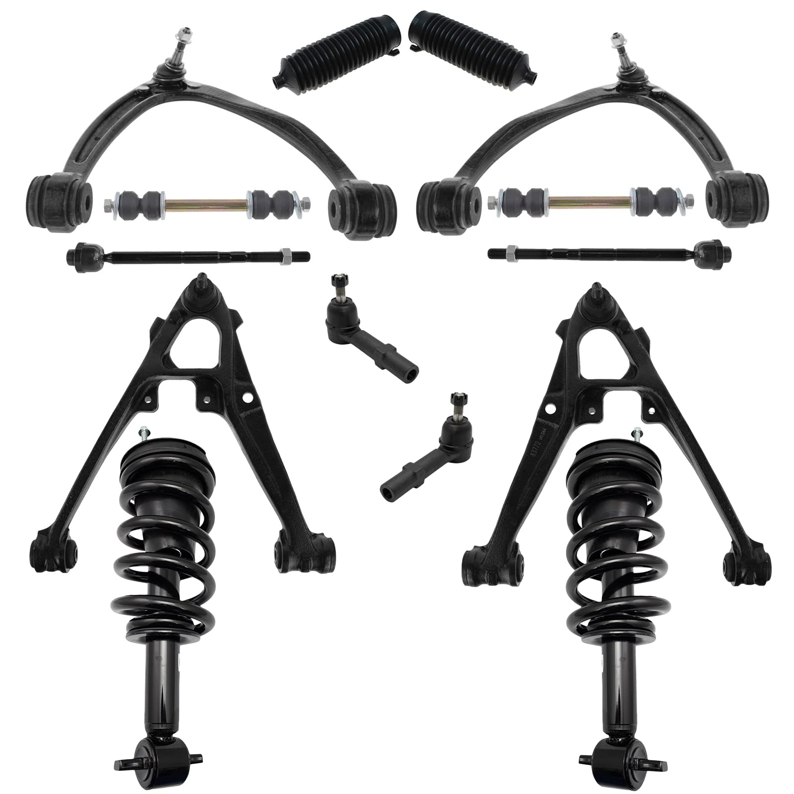 TRQ Front Steering & Suspension Kit - Control Arm with Ball Joint, Shock & Spring Strut Assembly, Steering Rack & Pinion, Bellow, Sway Bar Stabilizer Link, Tie Rod - Compatible with Chevrolet Silverado, Tahoe, Suburban - Perfect for Off-Roading, Daily Commuting & Vehicle Maintenance