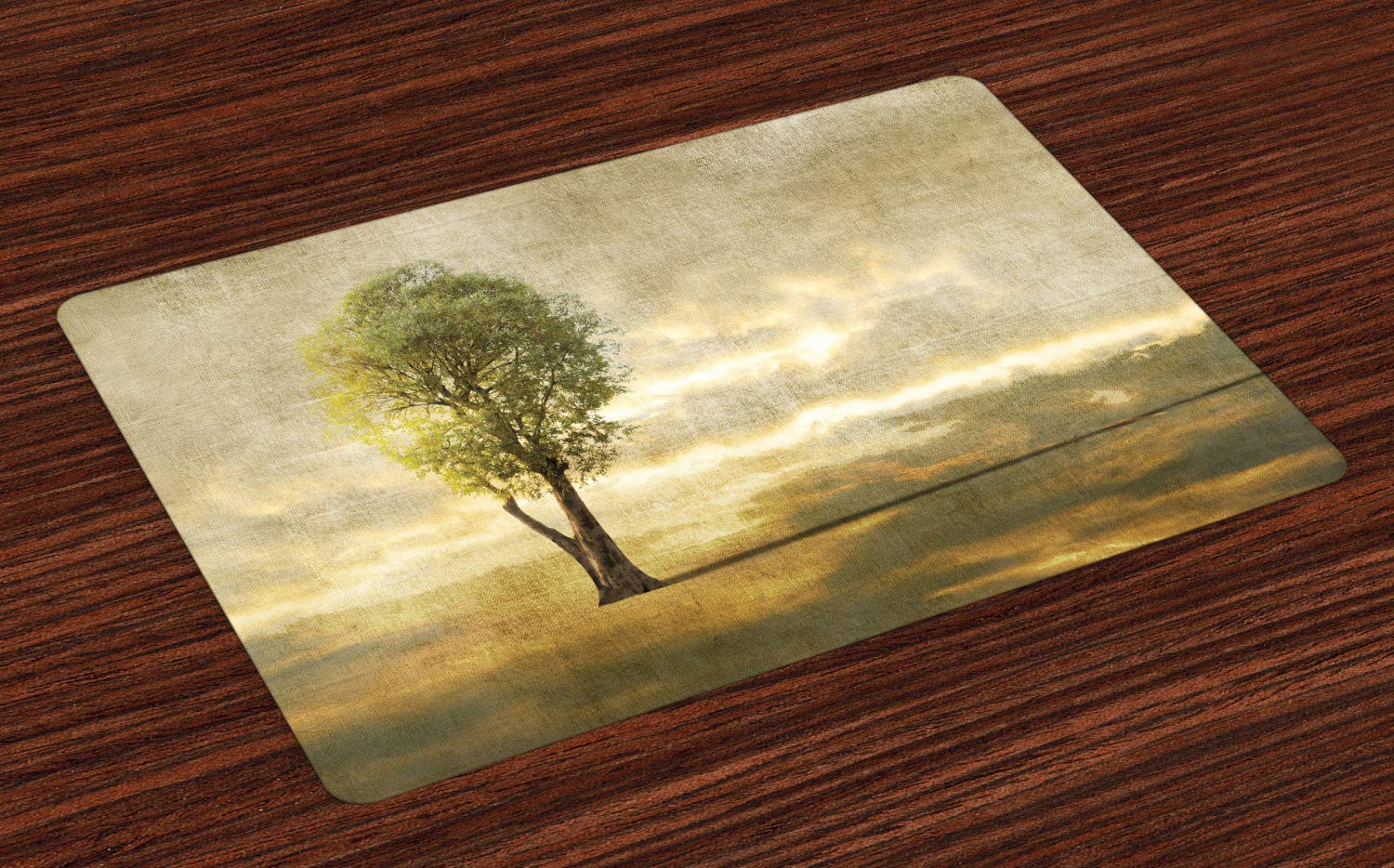 Ambesonne 4-Piece Tree Placemats Set - Beige Tones Surreal Landscape with Lonely Tree, Woodland Inspired Washable Fabric Placemats for Dining Table & Kitchen Decor (Beige/Green/Pale Yellow) - Perfect for Dinner Parties, Holiday Gatherings & Everyday Meals