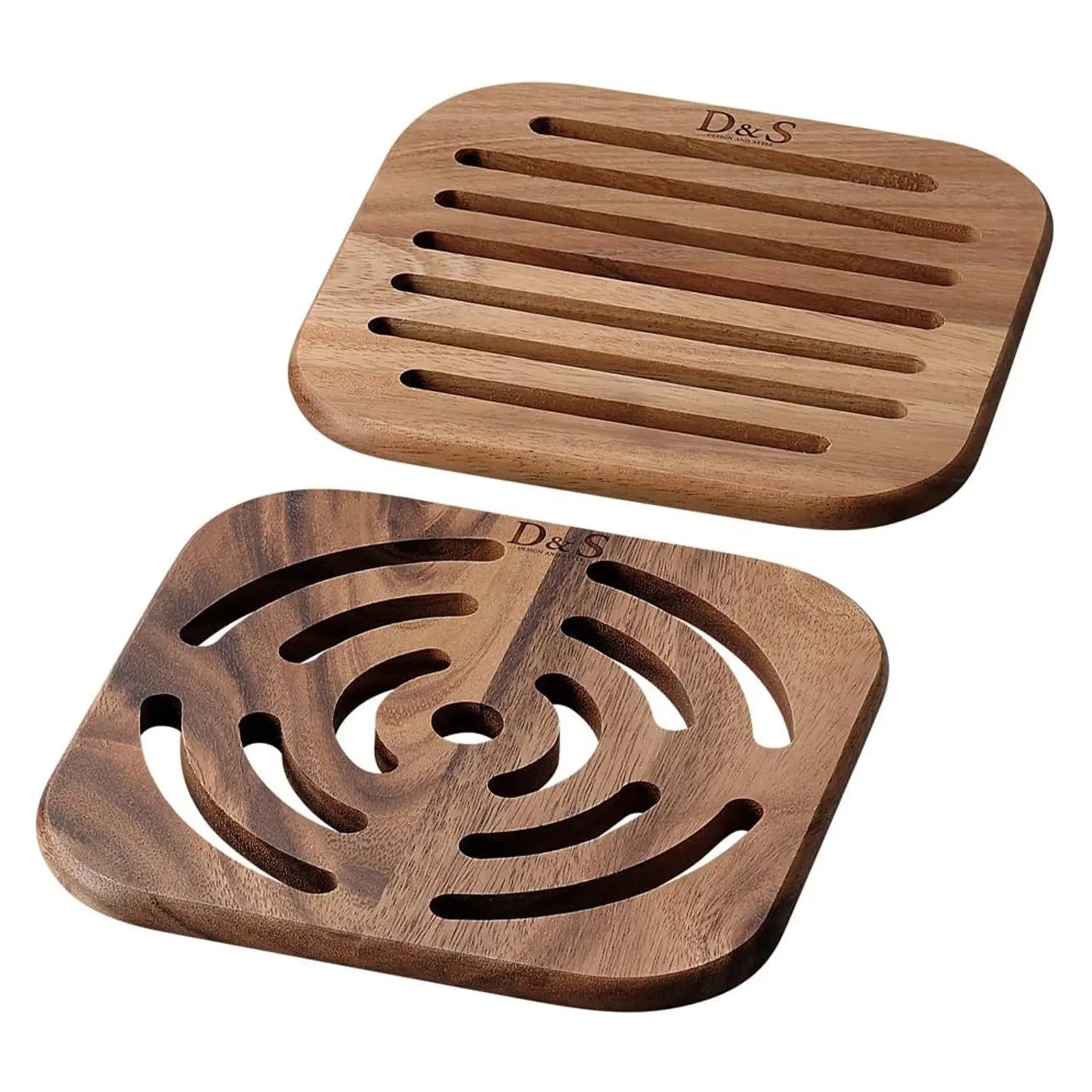 D&S Natural Wood Square Pot Mat Set of 2 - Eco-Friendly Coasters for Plants, Hot Dishes & Table Decor - Perfect for Indoor/Outdoor Use in Kitchen, Dining Room, or Garden