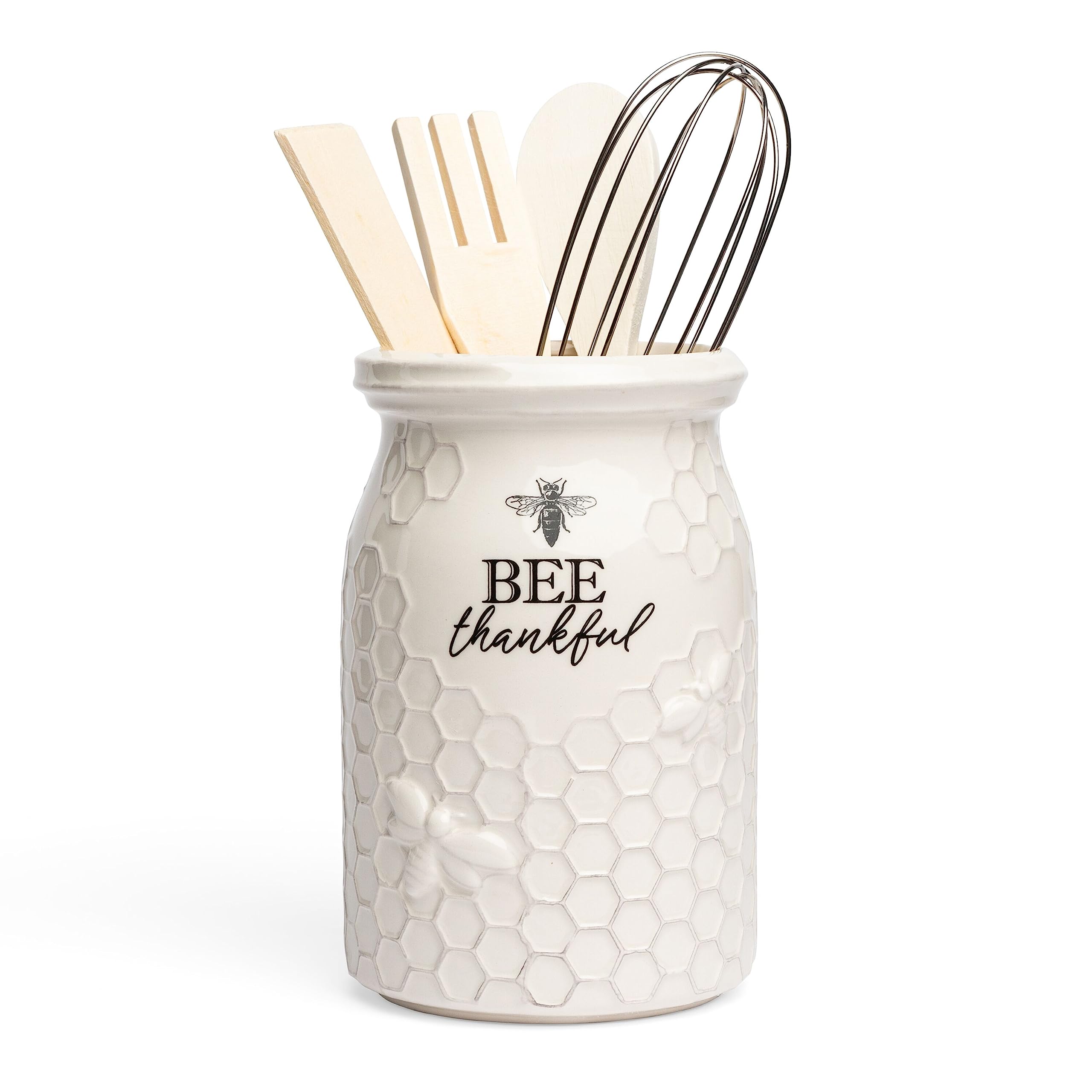 Young's Inc. Ceramic Utensil Holder for Kitchen Countertop - Large Wooden Cooking Tools Organizer with 3 Utensils - Perfect for Spoons, Spatulas & Flatware Storage - Bee Thankful Design - Ideal for Farmhouse, Modern & Rustic Kitchens