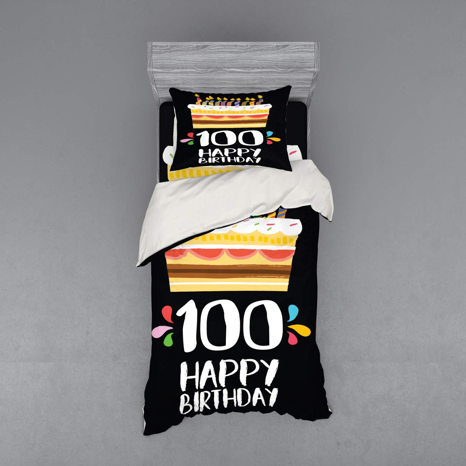 Ambesonne 100th Birthday Bedding Set - Twin XL 3-Piece Duvet Cover with Sham & Fitted Sheet - Vintage Cake & Candles Design on Black Background - Perfect for Milestone Celebrations & Themed Bedroom Decor