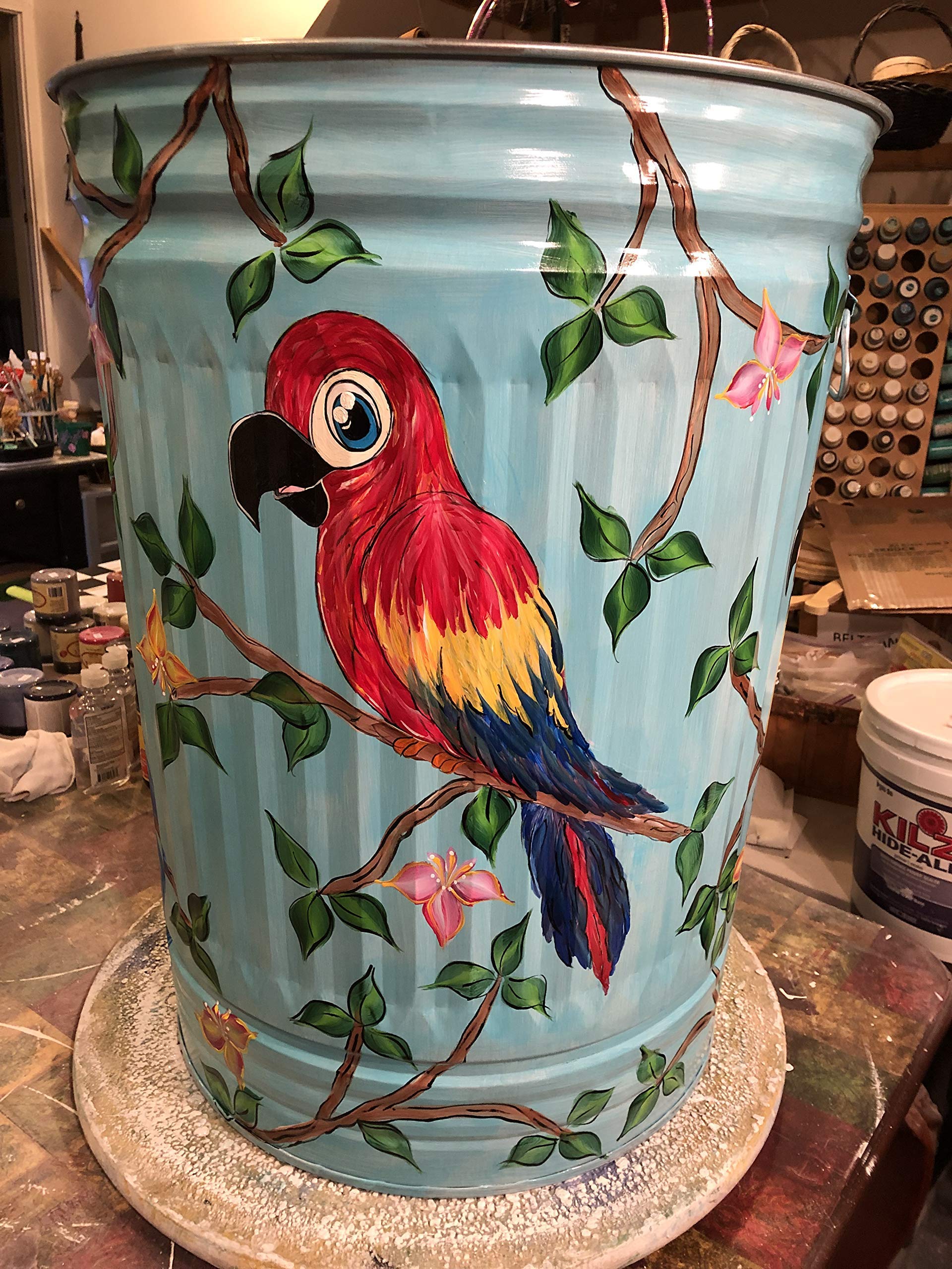 30 Gallon Hand Painted Galvanized Steel Trash Can - Durable Outdoor Garbage Bin for Home, Garden, and Commercial Use
