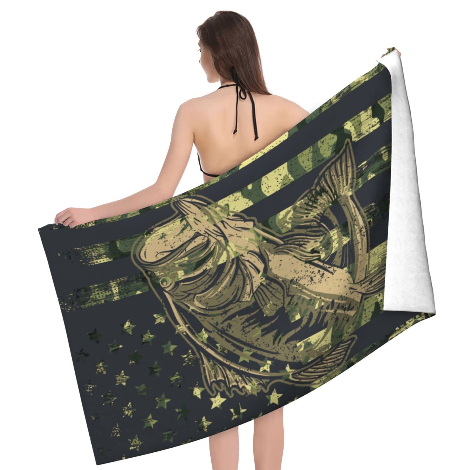 Bassyil American Flag Camouflage Fish Beach Towel - Extra Large Microfiber Soft & Absorbent Bath Towel for Travel, Swimming, Pool, Beach | Perfect for Summer Outings, Picnics, and Outdoor Adventures
