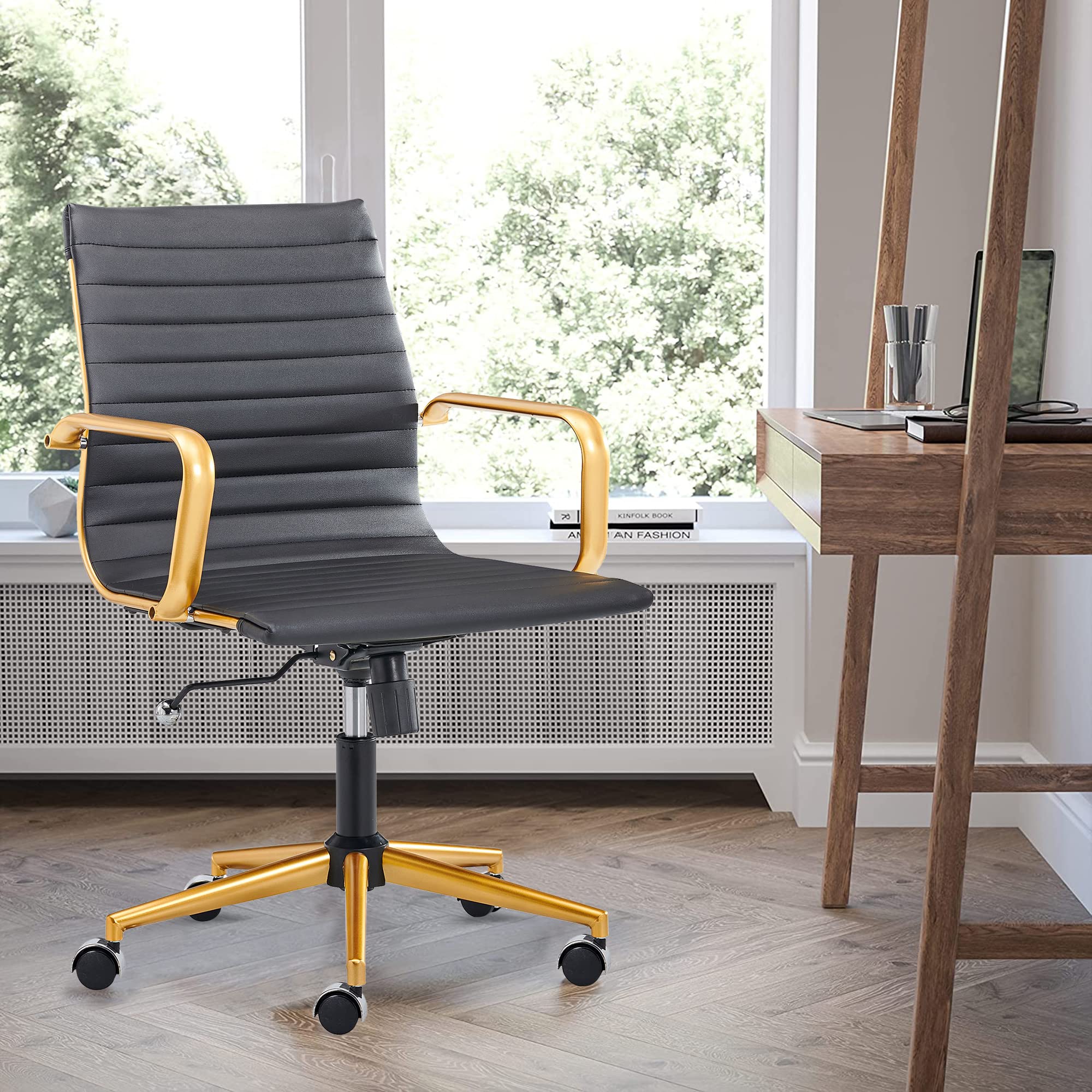 Premium Ergonomic Office Chair - Modern Leather Swivel Executive Desk Chair with Ribbed Design, Rolling Wheels for Home & Conference Room - Black & Gold (Ideal for Long Work Hours & Video Meetings)