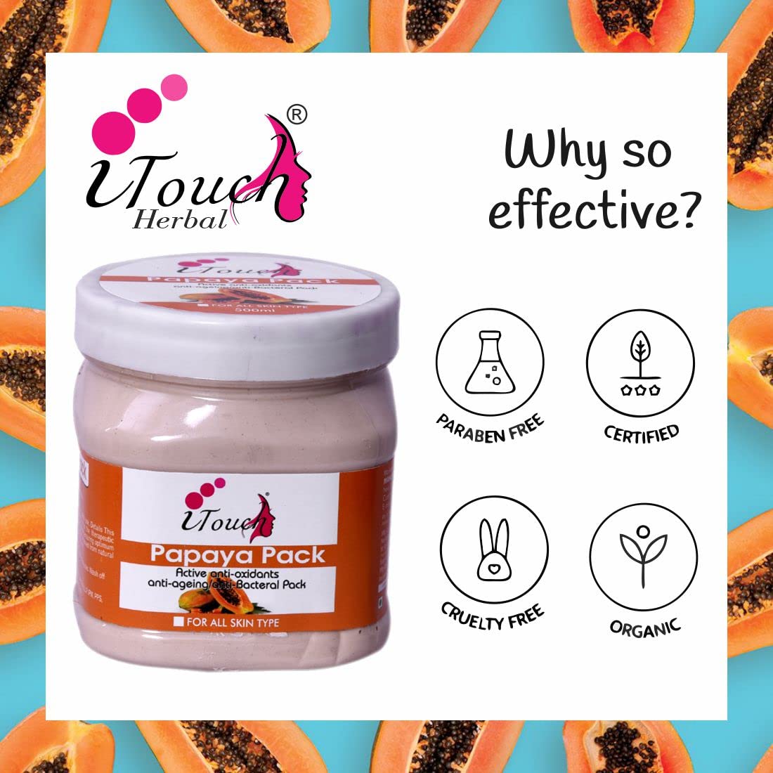 iTouch Herbal Papaya Face Pack (500ml) for Radiant & Glowing Skin - All Skin Types, Paraben & Sulfate Free - Natural Skincare for Daily Use & Spa Treatments