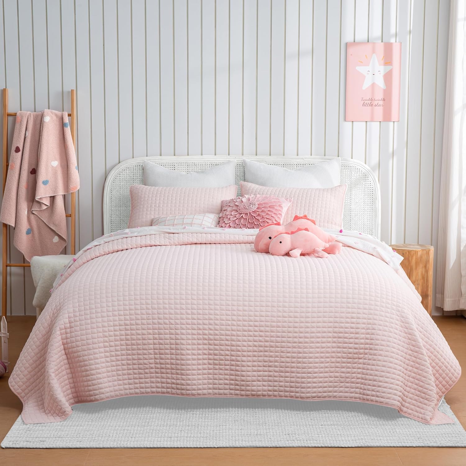 SHALALA Light Pink Waffle Quilt Bedding Set Queen Size - Soft & Breathable All-Season Comforter with 2 Pillow Shams | Cozy Bedspread for Girls' Room, Guest Bedroom & Dorm Decor