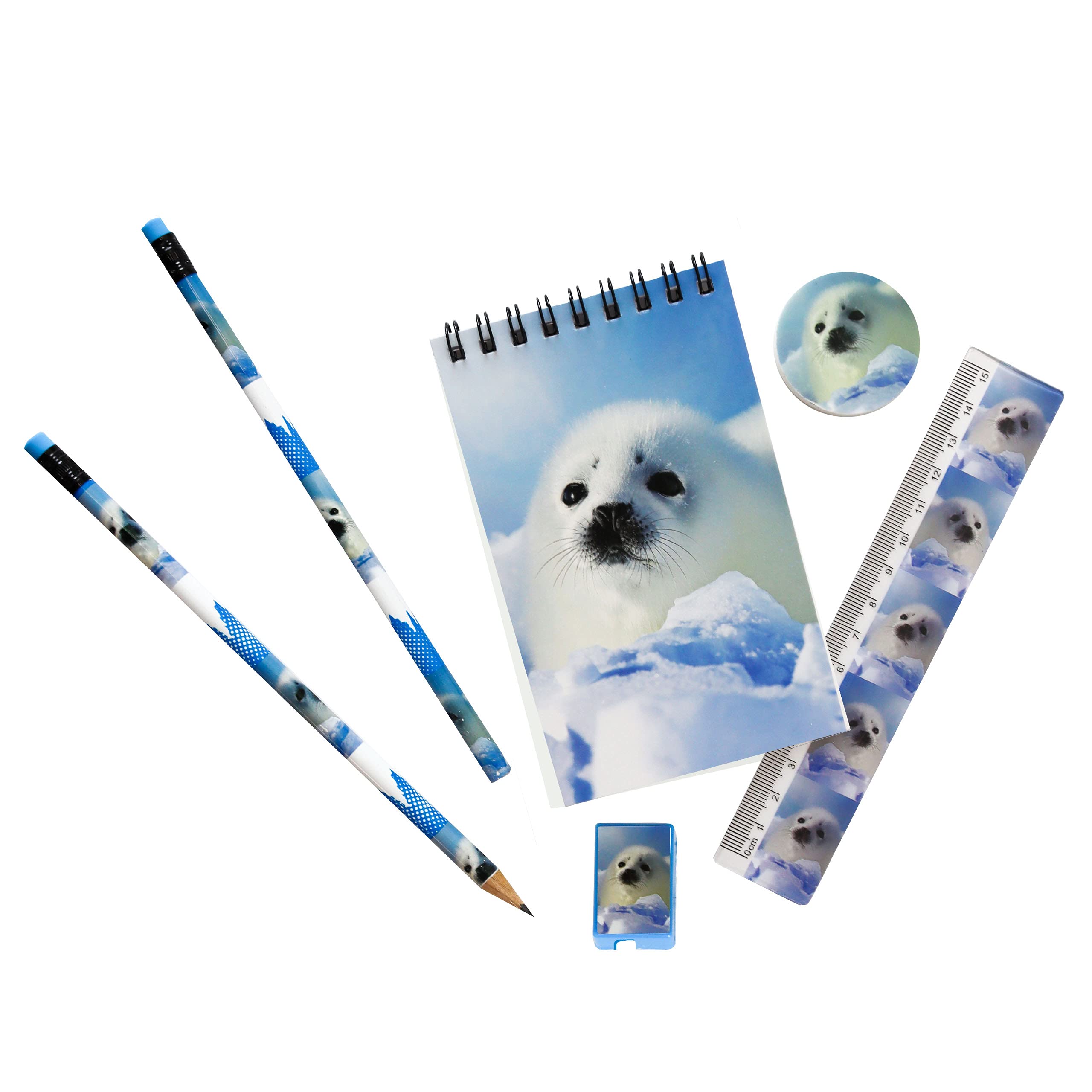 Deluxebase Wild Baby Seal Stationery Set - 2 Pencils, Eraser, Pencil Sharpener, Ruler & Notebook - Fun School & Office Supplies for Kids, Students & Teachers - Perfect for Classroom, Homework & Gift Giving