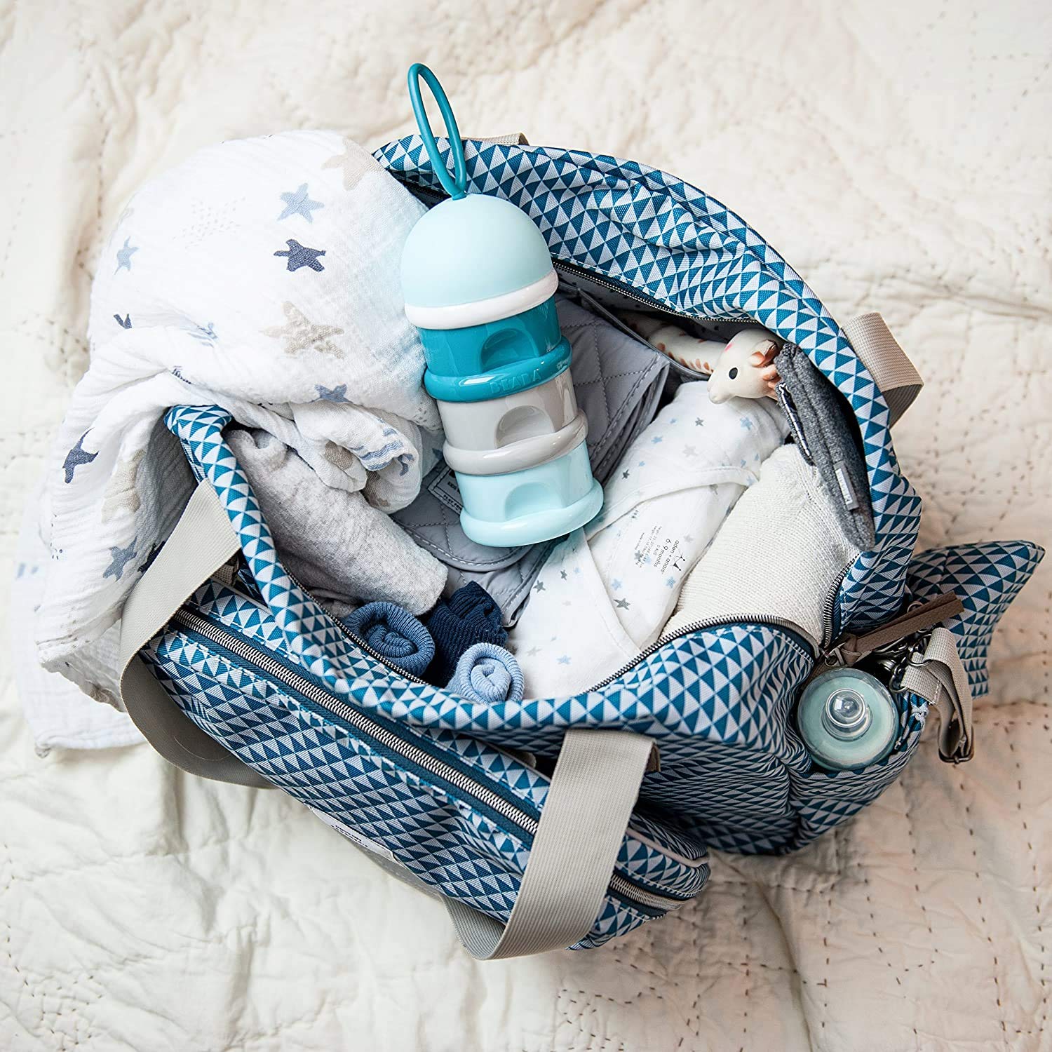 Béaba Genève II Baby Diaper Bag for Newborns & Toddlers - Large Capacity Waterproof Changing Bag with Insulated Lunch Pouch, Stroller Attachment & Changing Mat - Perfect for Travel, Daycare & Outings - Blue Floral Print