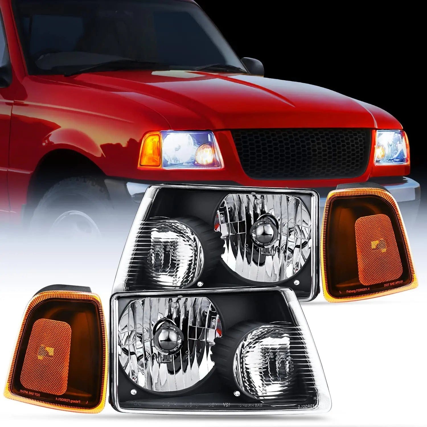 2001-2011 Ford Ranger Headlight Assembly - Black Housing with Amber Reflector - Replacement for Foggy or Broken Headlights - Perfect for Night Driving and Off-Road Use