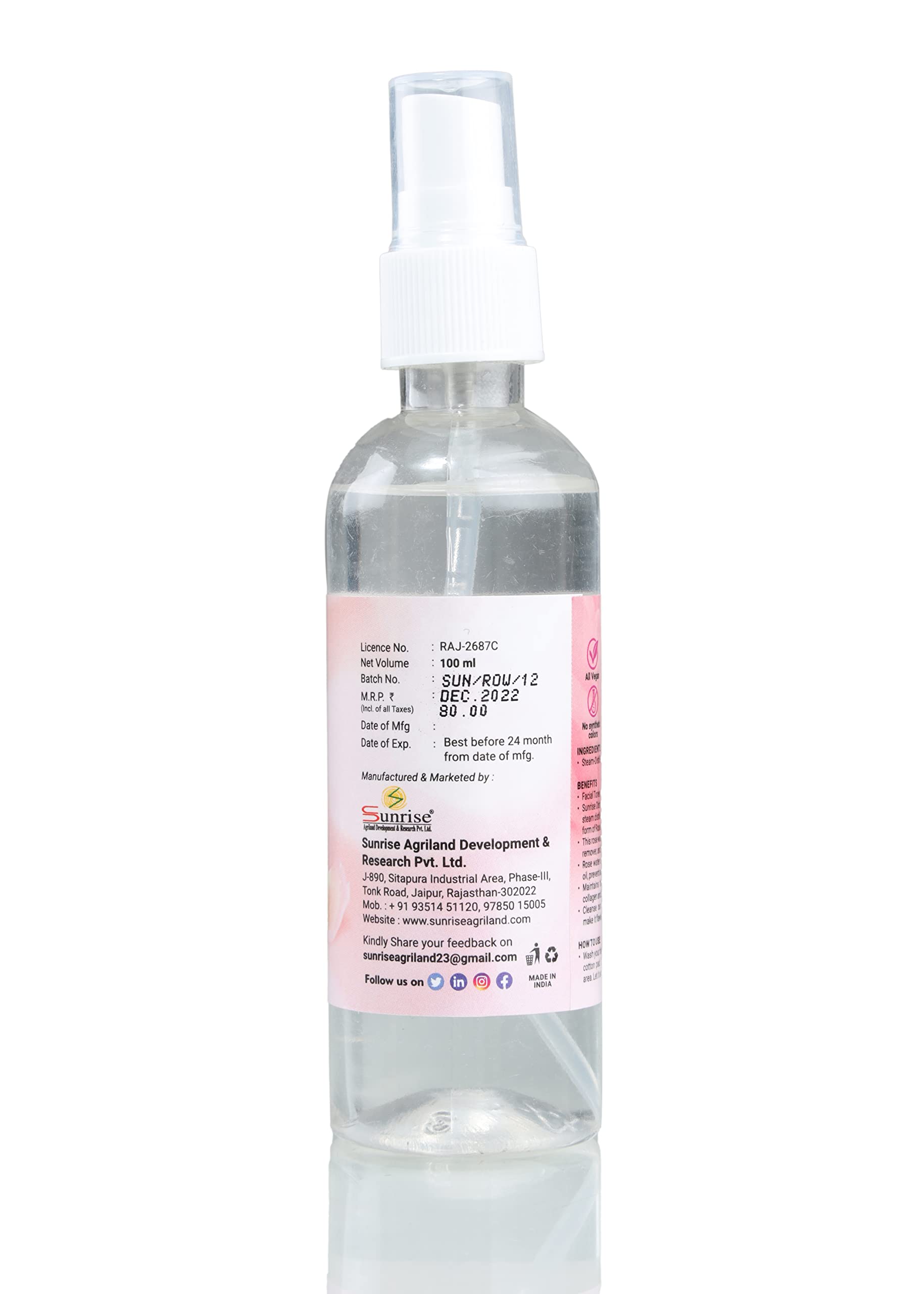 Natural Rose Water by SUNRISE - 100ml | Hydrating Facial Mist & Skin Toner for Glowing Skin | Perfect for Daily Skincare, Makeup Setting & Refreshment