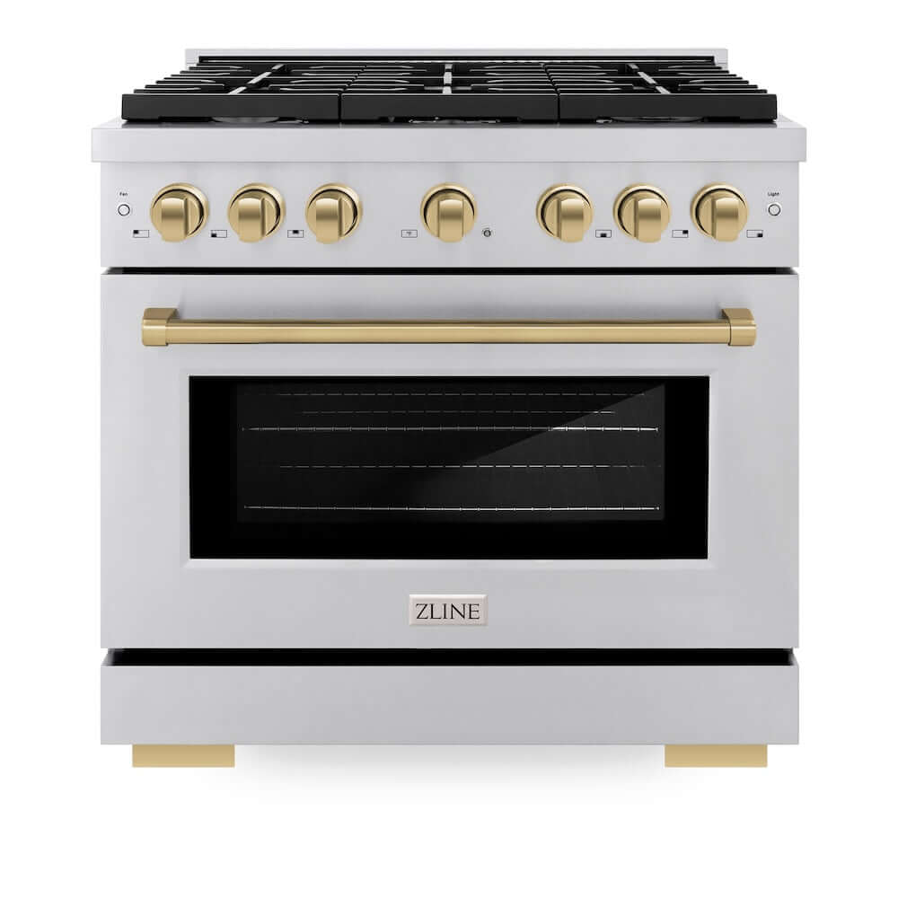 ZLINE Autograph Edition 36 Inch 5.2 cu ft Stainless Steel Gas Range with 6 Burner Cooktop & Convection Oven - Champagne Bronze Accents (SGRZ 36 CB) - Perfect for Professional Home Chefs and Modern Kitchen Upgrades