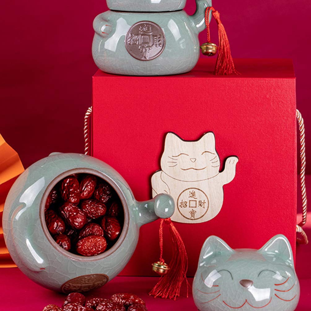 FOMIYES Maneki-Neko Ceramic Tea Storage Jar with Lid - Decorative Porcelain Canister for Loose Tea, Spices, Jewelry & Makeup | Perfect for Kitchen, Bathroom & Home Decor