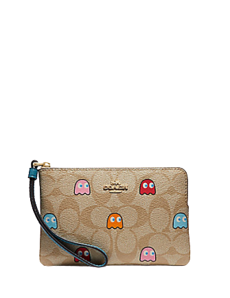 Coach Signature Print Corner Zip Wristlet with Pac-Man Design - Perfect for Everyday Essentials & Gaming Enthusiasts