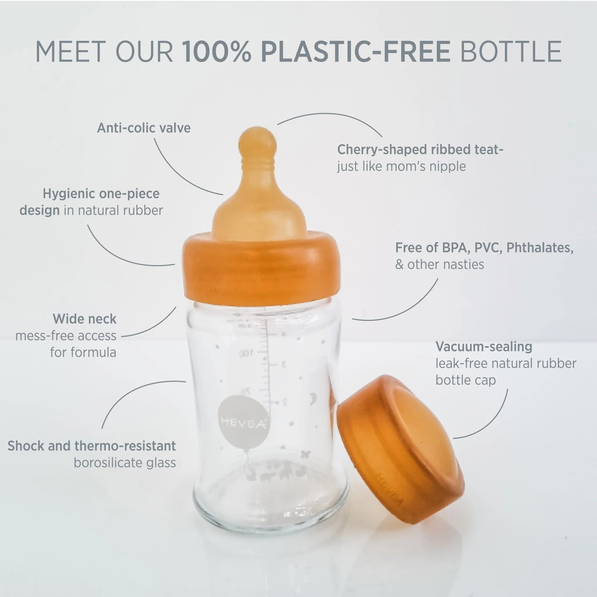 Hevea Wide Neck Glass Baby Bottle 2-Pack 150ml - Slow Flow for Newborns 0-3 Months - BPA-Free & Eco-Friendly for Safe Feeding at Home or On-the-Go