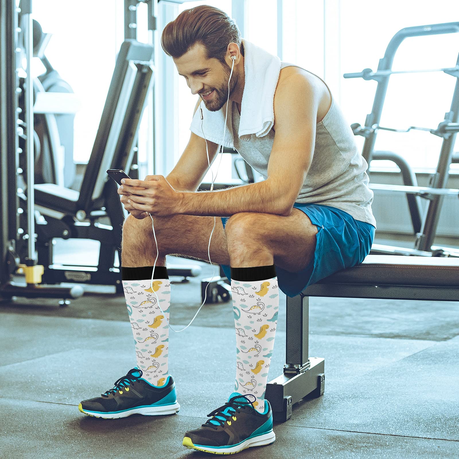 JUNZAN Cute Dinosaur Compression Socks for Women & Men - Breathable Arch Support Socks for Running, Cycling, Nursing & Travel - Improve Blood Circulation & Reduce Fatigue