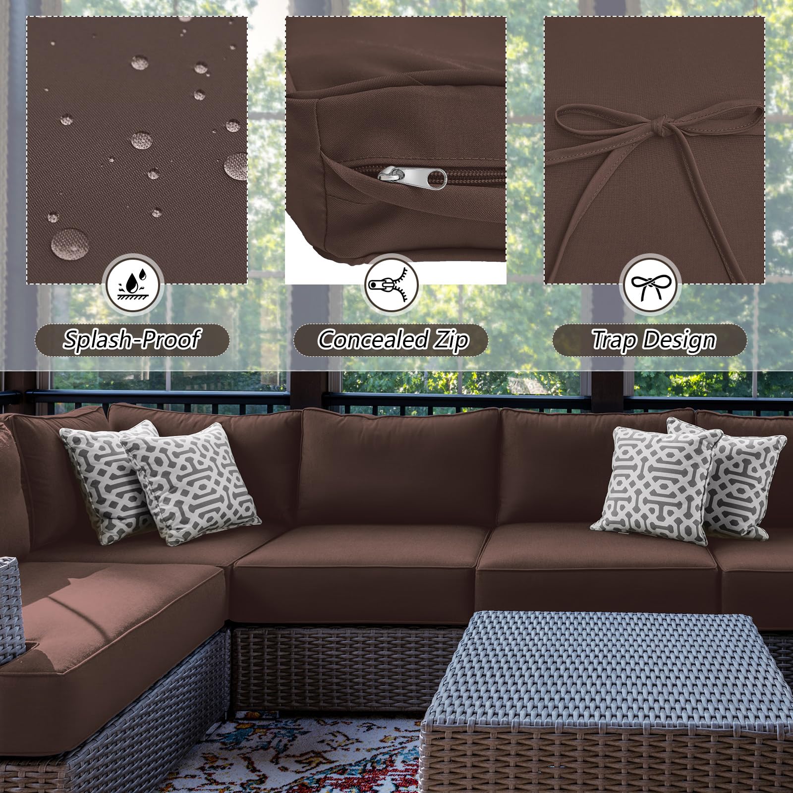 Patelai 11-Piece Outdoor Patio Cushion Slipcovers Set - Waterproof Replacement Covers for Sectional Sofa, Furniture & Couch (3 Sizes, Brown) - Perfect for Backyard, Deck, Poolside & Garden Relaxation