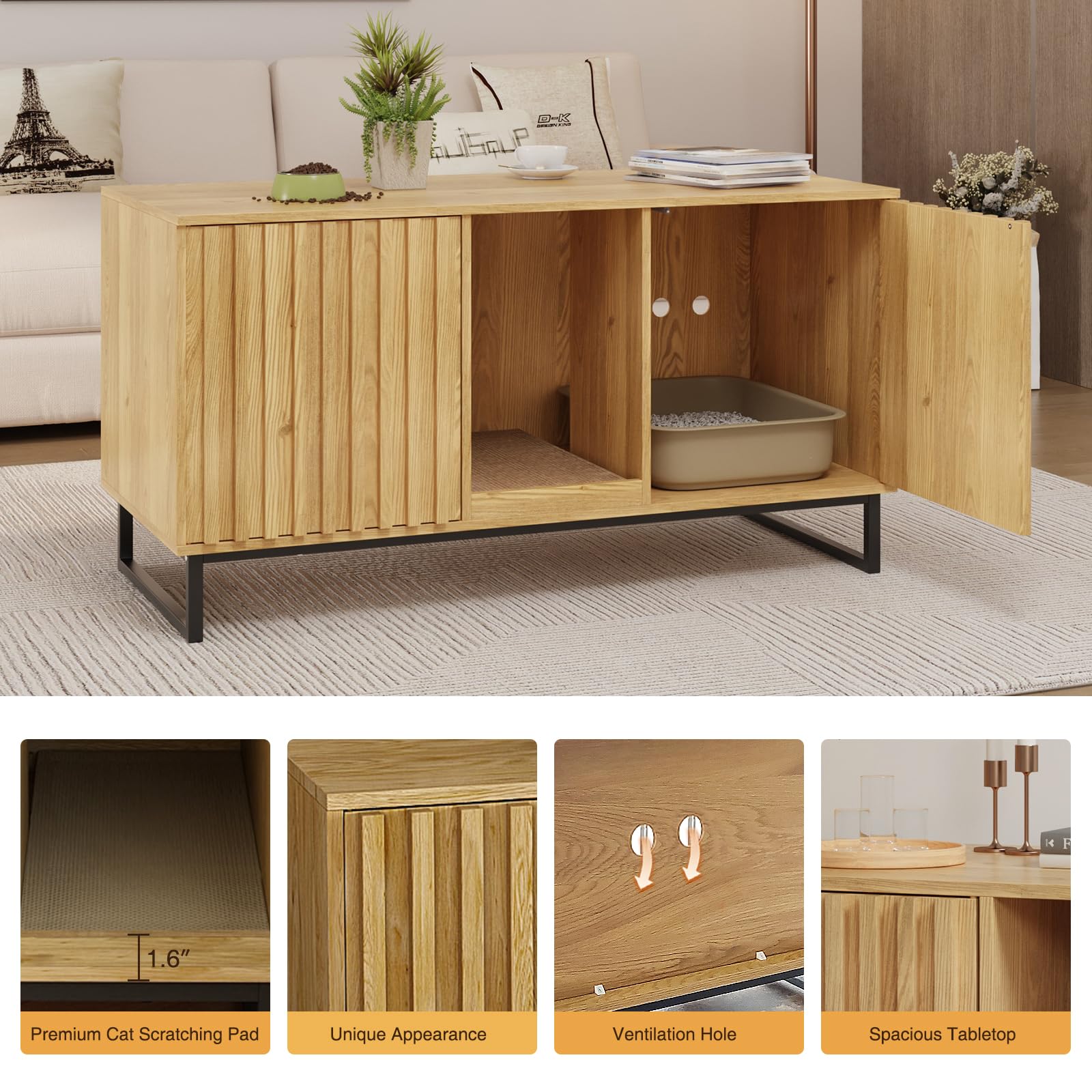 47.6’’ Large Cat Litter Box Enclosure Furniture for 2 Cats - Hidden Double Room Cat Cabinet with Scratch Pad | Indoor Cat House, TV Stand & Side Table | Perfect for Small Spaces & Multi-Cat Homes