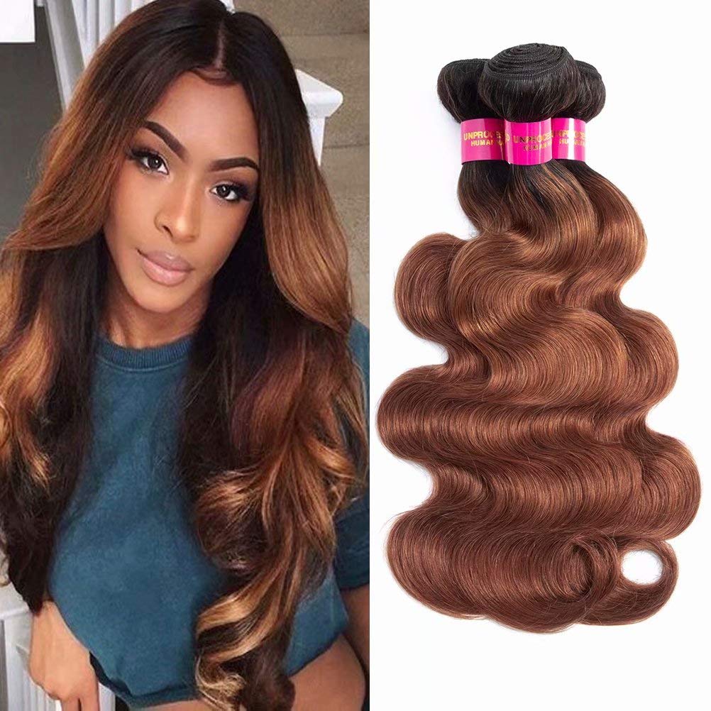 Brazilian Ombre Hair Bundles 8A Grade - 100% Unprocessed Human Virgin Hair Weft, Body Wave 2-Tone (1B/30 Brown) - 3-Pack Deal (14 16 18 Inches) for Weaving, Extensions & Styling - Perfect for Daily Wear, Parties & Special Occasions