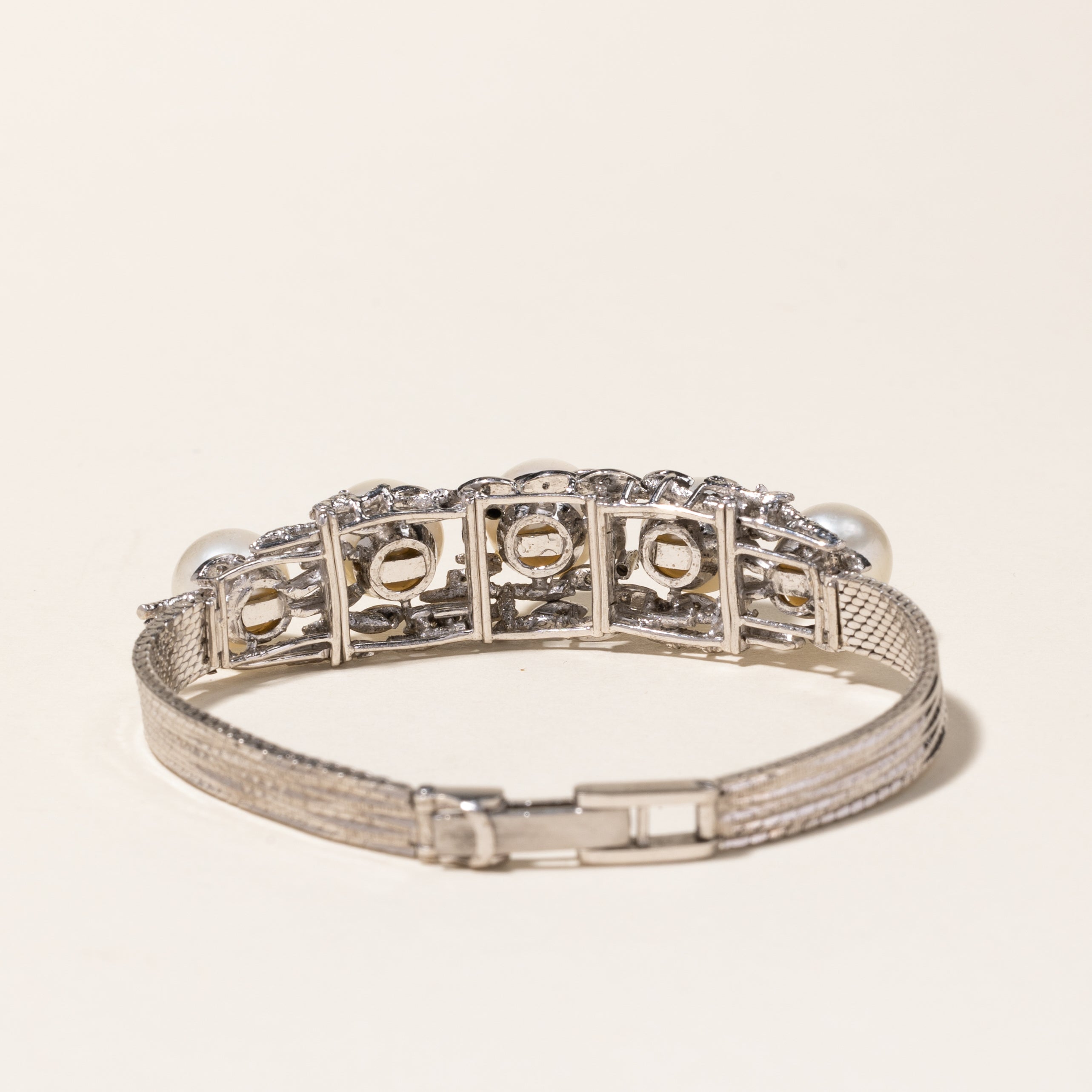 Luxury 5 Pearl & Diamond Bracelet - 9.10mm to 9.40mm Pearls, 0.13ctw Diamonds - 6.75 Inch Adjustable Length - Perfect for Weddings, Anniversaries & Special Occasions