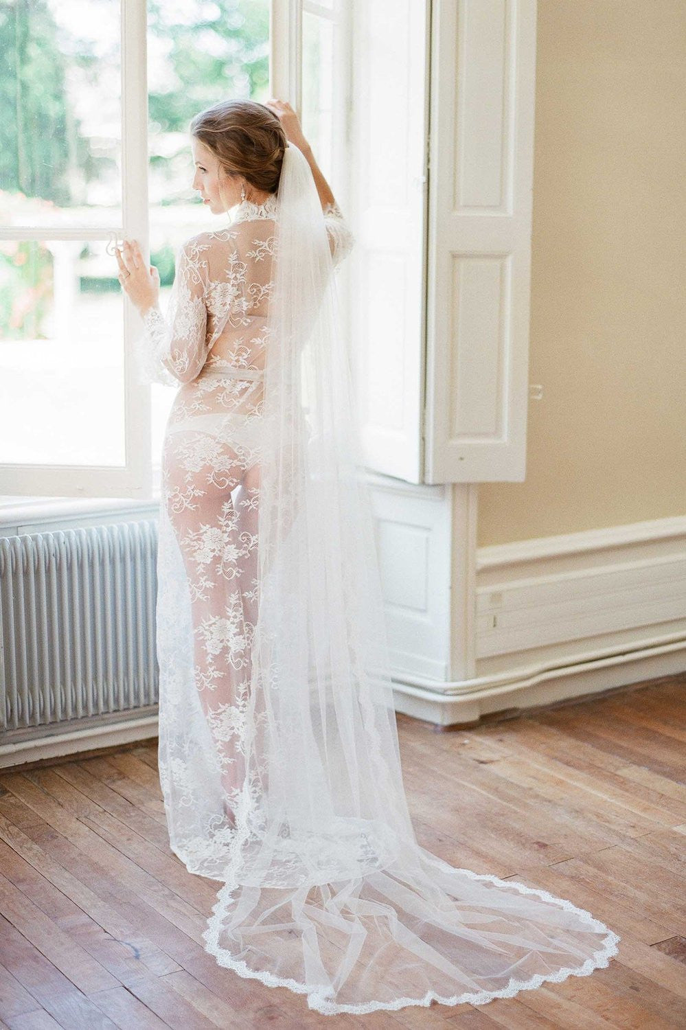 Santorini Lux Scalloped French Lace Wedding Veil - Style V57 | Elegant Bridal Accessory for Beach Weddings & Boho Bridal Looks