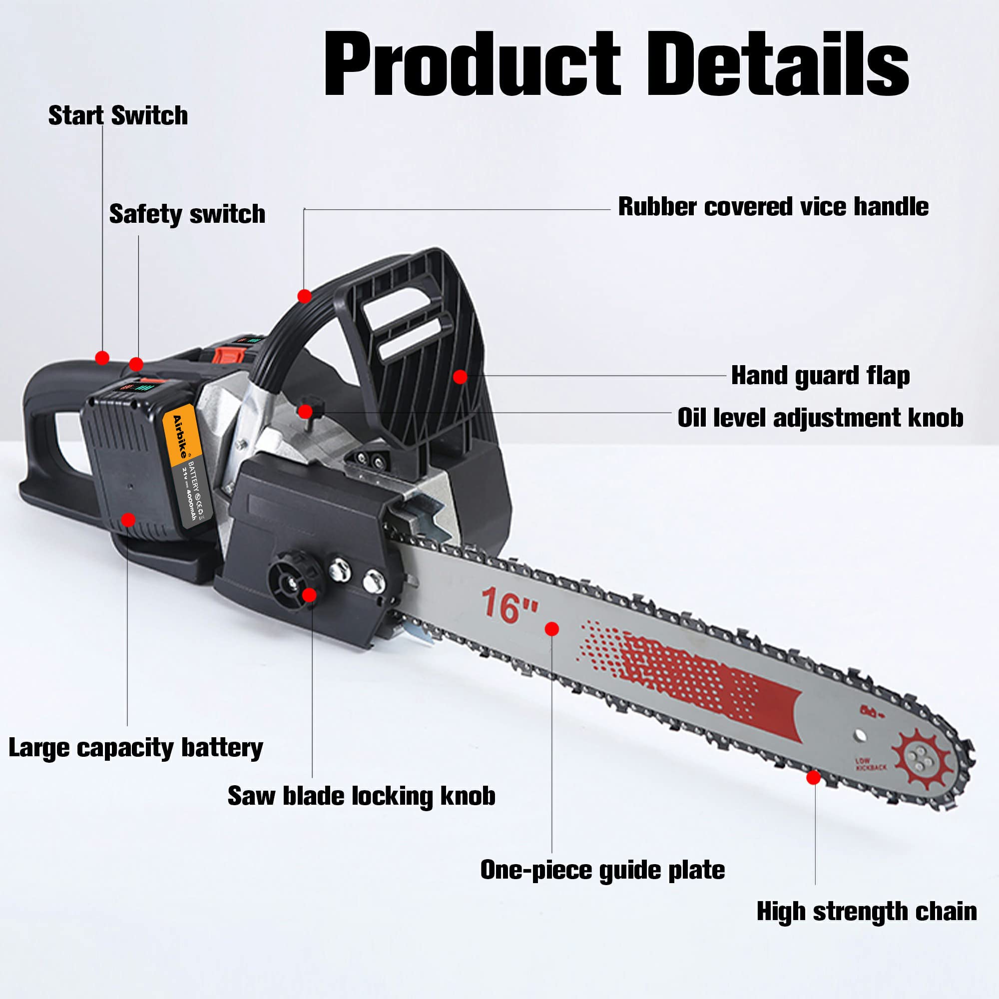 16-Inch Cordless Electric Chainsaw with 2x 4000mAh Batteries - Powerful Battery-Powered Chainsaw for Wood Cutting, Tree Branch Trimming, Firewood Preparation & Garden Maintenance - Perfect for DIY Projects, Landscaping & Outdoor Yard Work