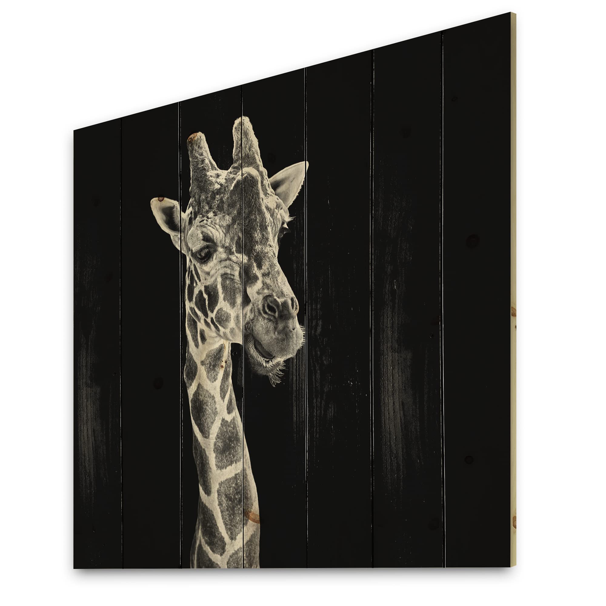DesignQ Close-Up Portrait of a Giraffe II - Farmhouse Wood Wall Decor, Black Wood Wall Art, Large Animal Wood Panels Printed on Natural Pine - Perfect for Living Room, Nursery, or Office Decor